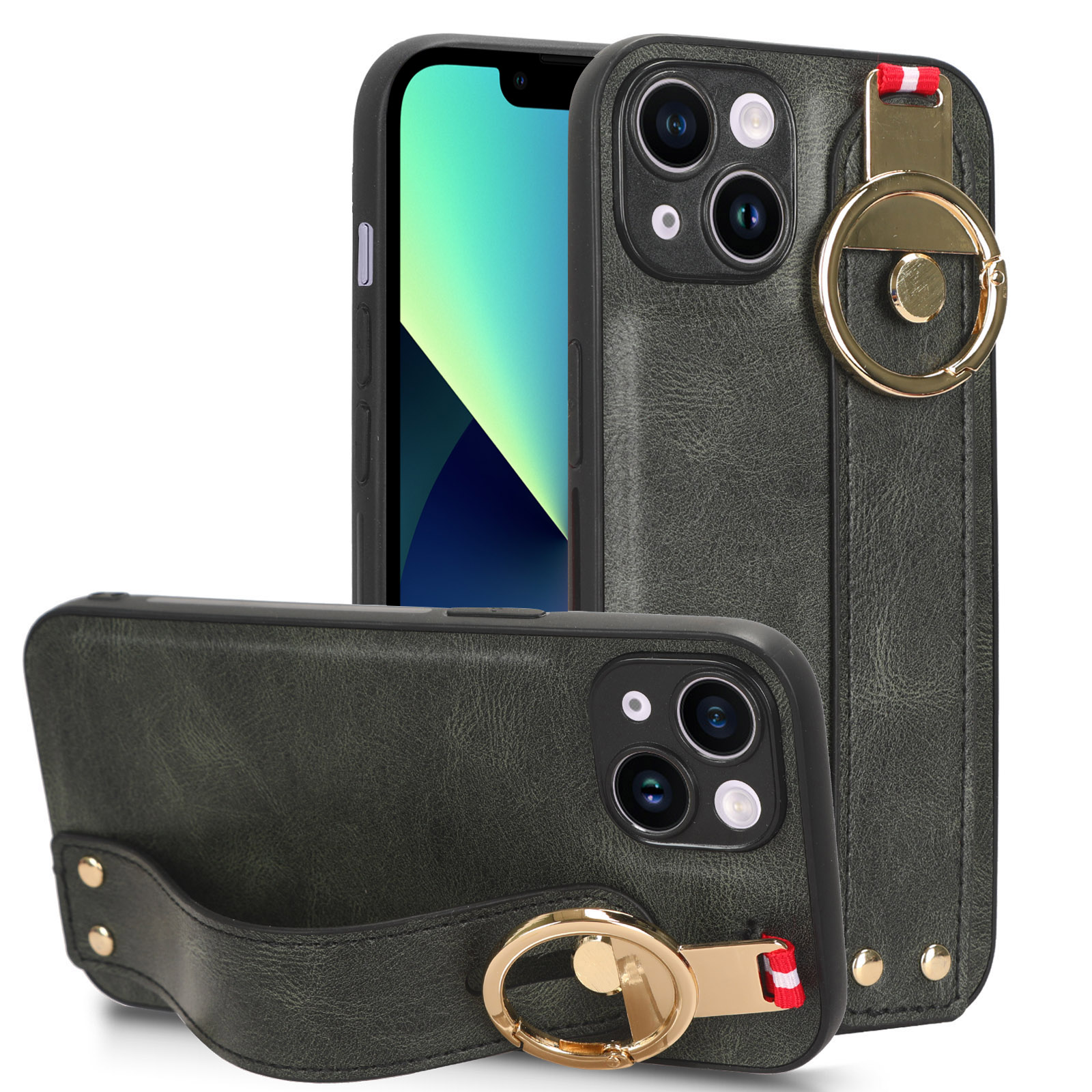 

Für Iphone 13 6,1 Zoll PU Lederbeschichtete Pc+tpu-telefonhülle Armband Kickstand Anti-scratch-abdeckung - Grün, iPhone 13