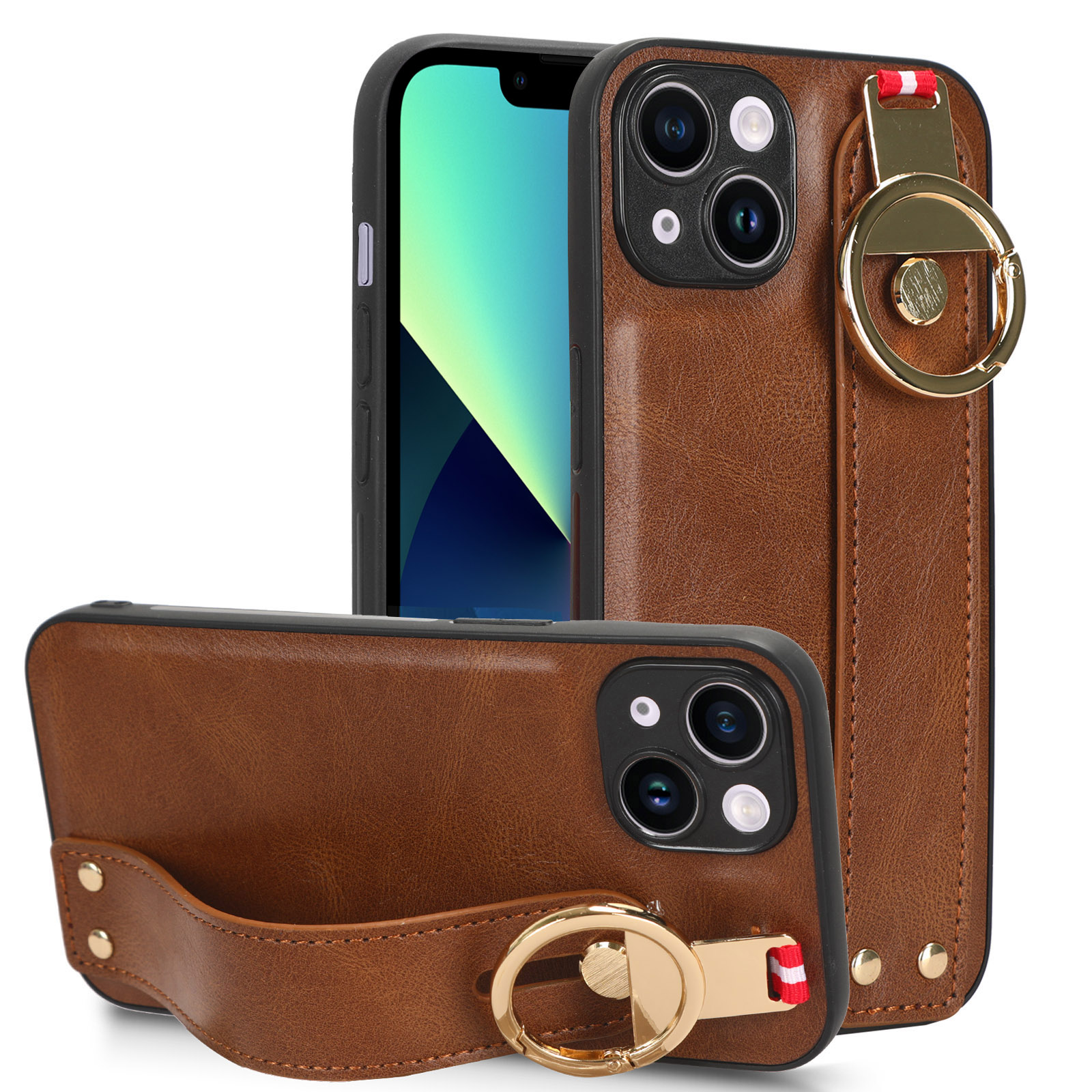 

Für Iphone 13 6,1 Zoll PU Lederbeschichtete Pc+tpu-telefonhülle Armband Kickstand Anti-scratch-abdeckung - Braun, iPhone 13