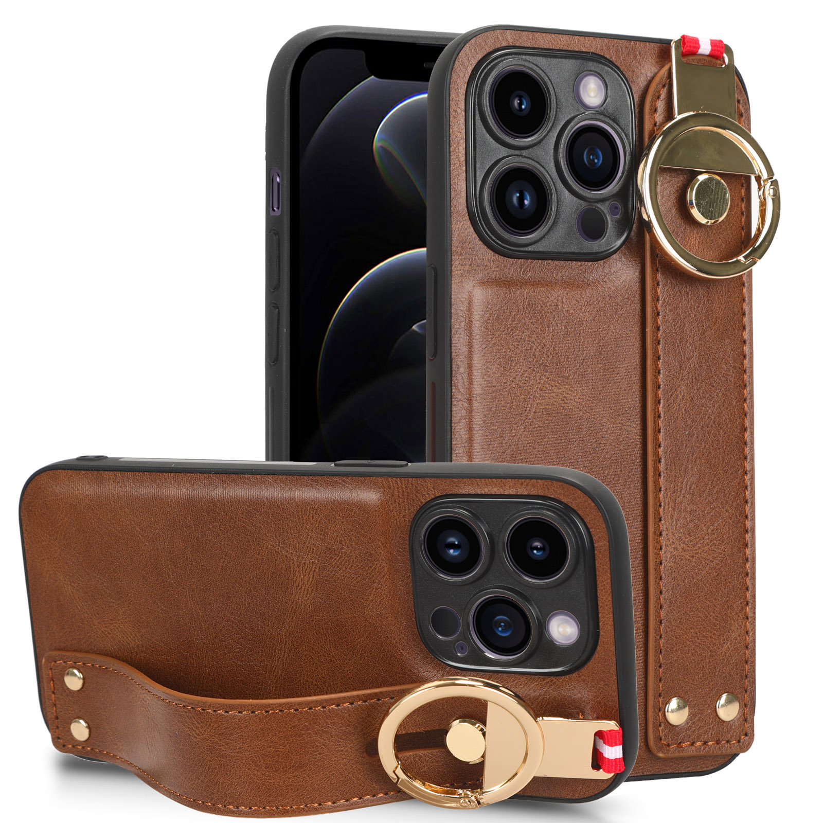 

Herbstsicherer Abdeckung Für Iphone 12 / 12 Pro 6,1 -zoll -armband Kickstand Lederschicht PC+TPU -telefonhülle Mit Nackengurt - Braun, iPhone 12