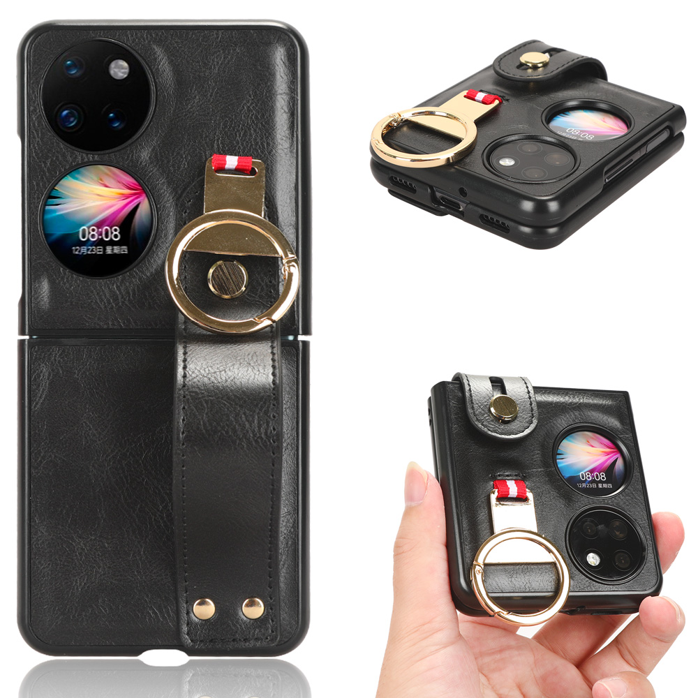

Für Huawei P50 Pocket Leder -leder -schicht -hülle PC+TPU -hülle Mit Armband Kickstand Und Nackengurt - Schwarz, Huawei P50 Pocket