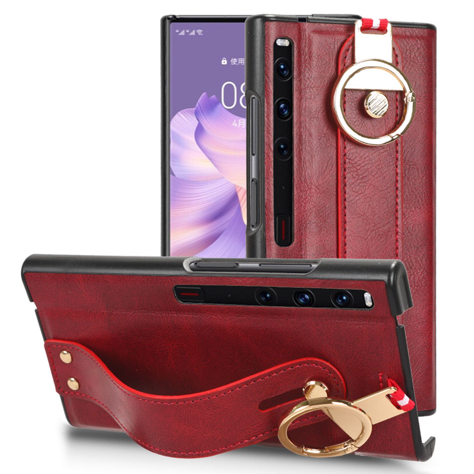 

Für Huawei Mate xs 2 Anti-drogen-telefonhülle Lederbeschichtete PC+TPU Armband Kickstand Cover Mit Nackengurt - Rot, Huawei Mate Xs 2