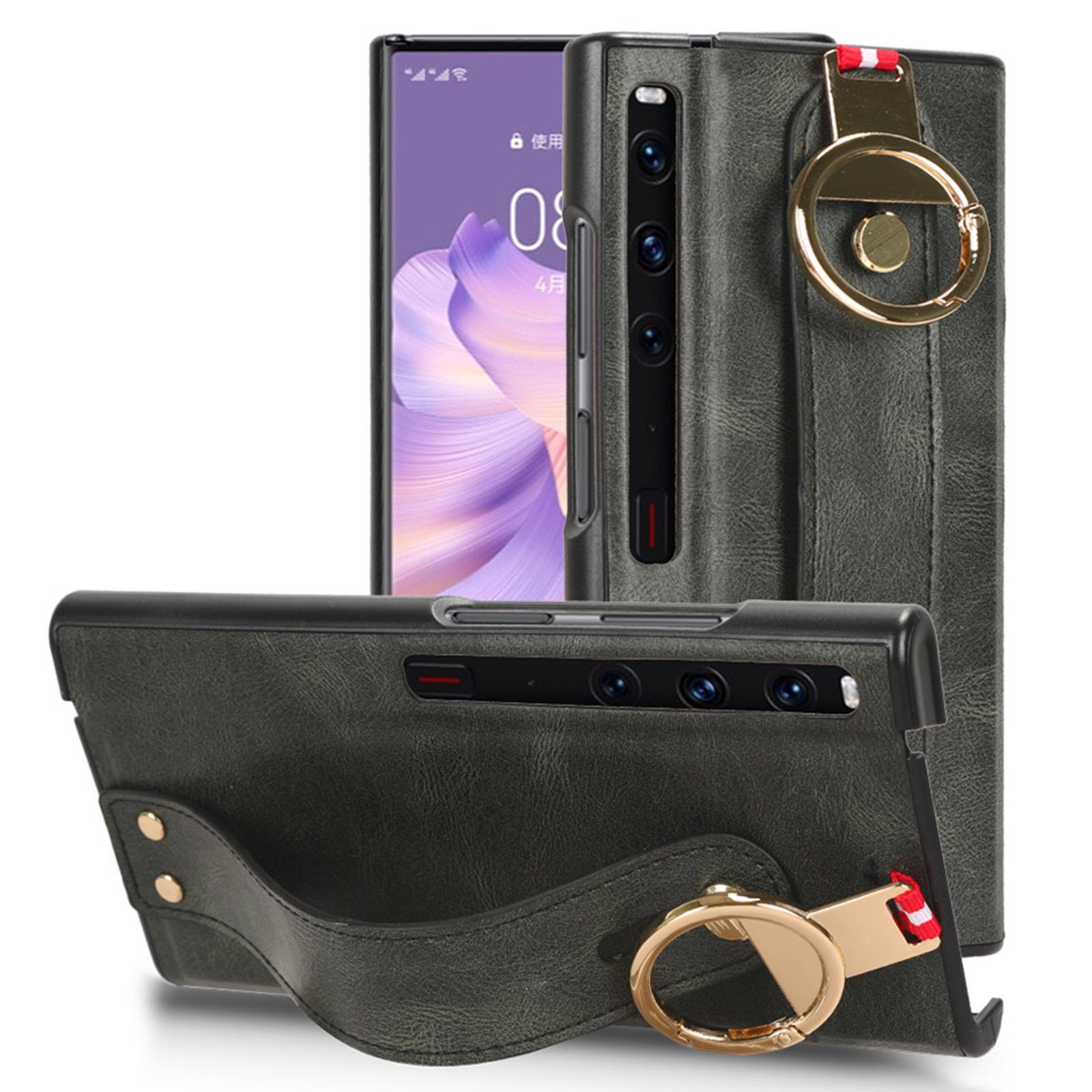 

Für Huawei Mate xs 2 Anti-drogen-telefonhülle Lederbeschichtete PC+TPU Armband Kickstand Cover Mit Nackengurt - Grün, Huawei Mate Xs 2