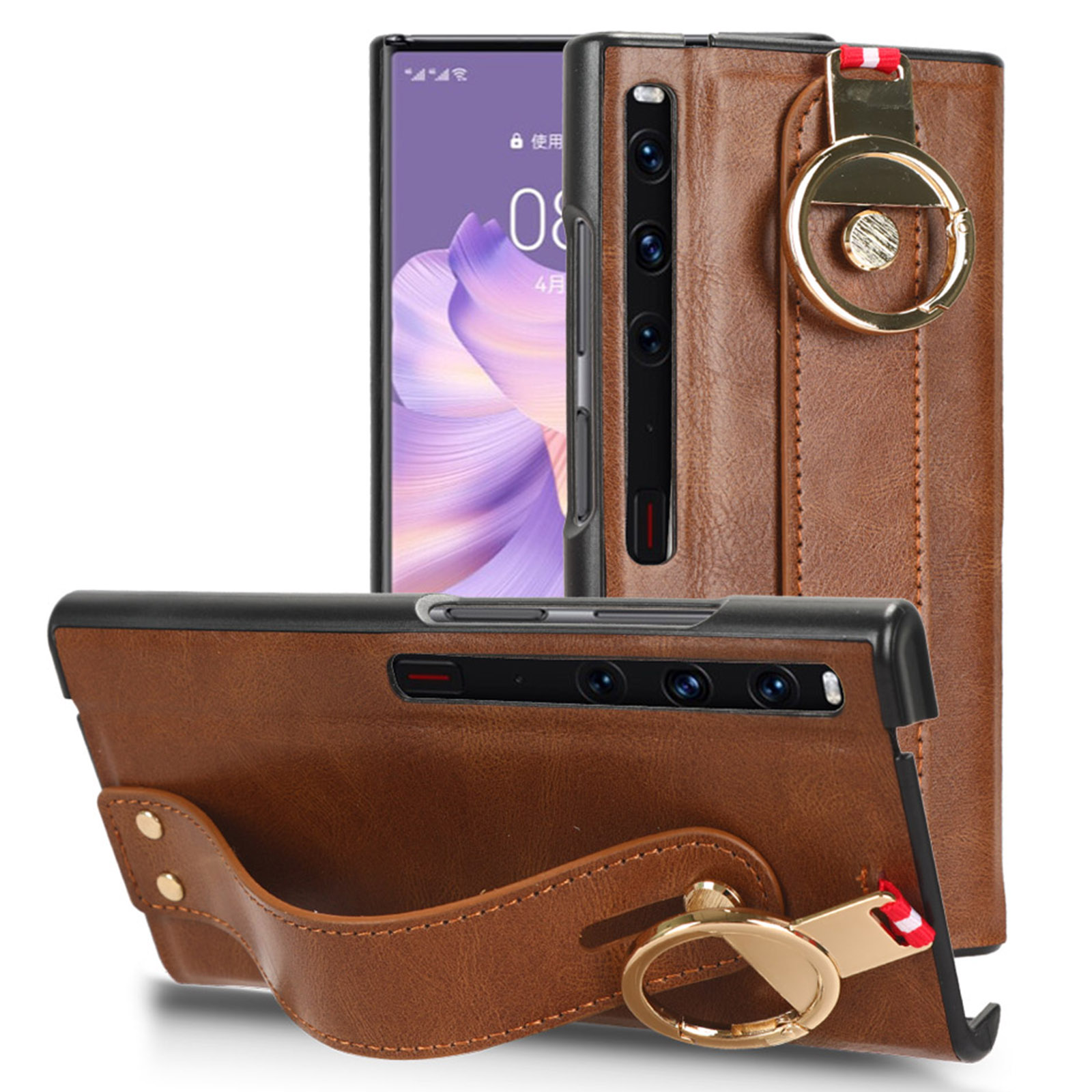 

Für Huawei Mate xs 2 Anti-drogen-telefonhülle Lederbeschichtete PC+TPU Armband Kickstand Cover Mit Nackengurt - Braun, Huawei Mate Xs 2