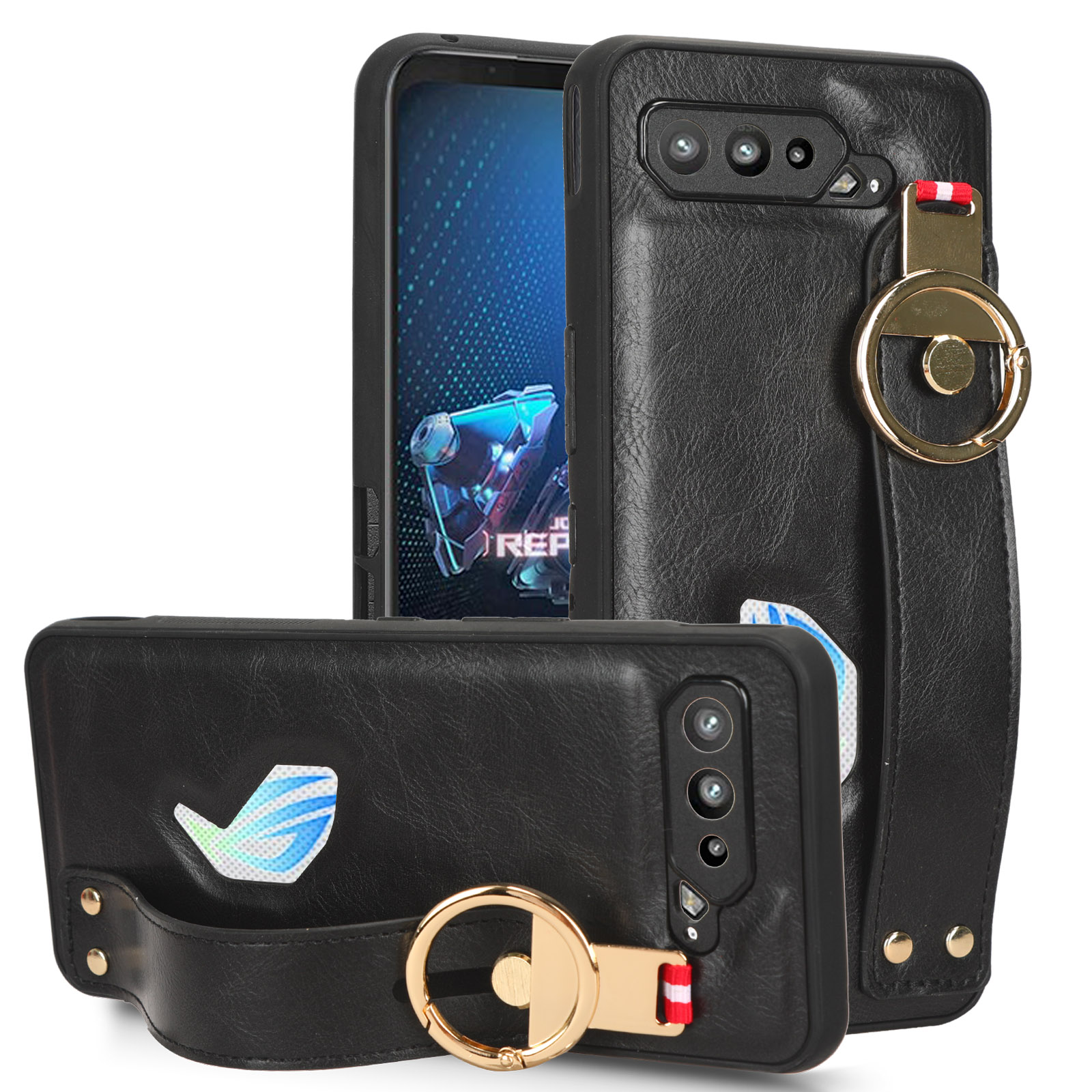 

Für Asus Rog Phone 5 Zs673ks Armband Kickstand Handyabdeckung PU -leder -pc+tpu -rückenhülle Mit Nackengurt - Schwarz, Asus ROG Phone 5