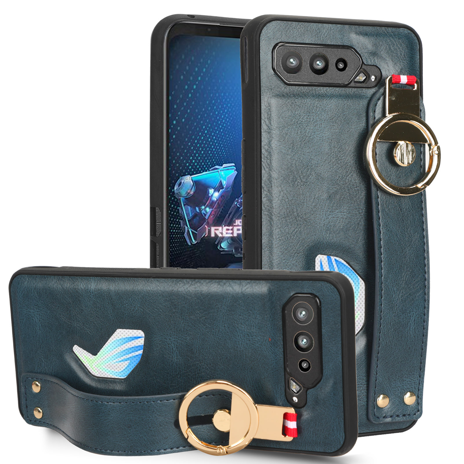 

Für Asus Rog Phone 5 Zs673ks Armband Kickstand Handyabdeckung PU -leder -pc+tpu -rückenhülle Mit Nackengurt - Blau, Asus ROG Phone 5