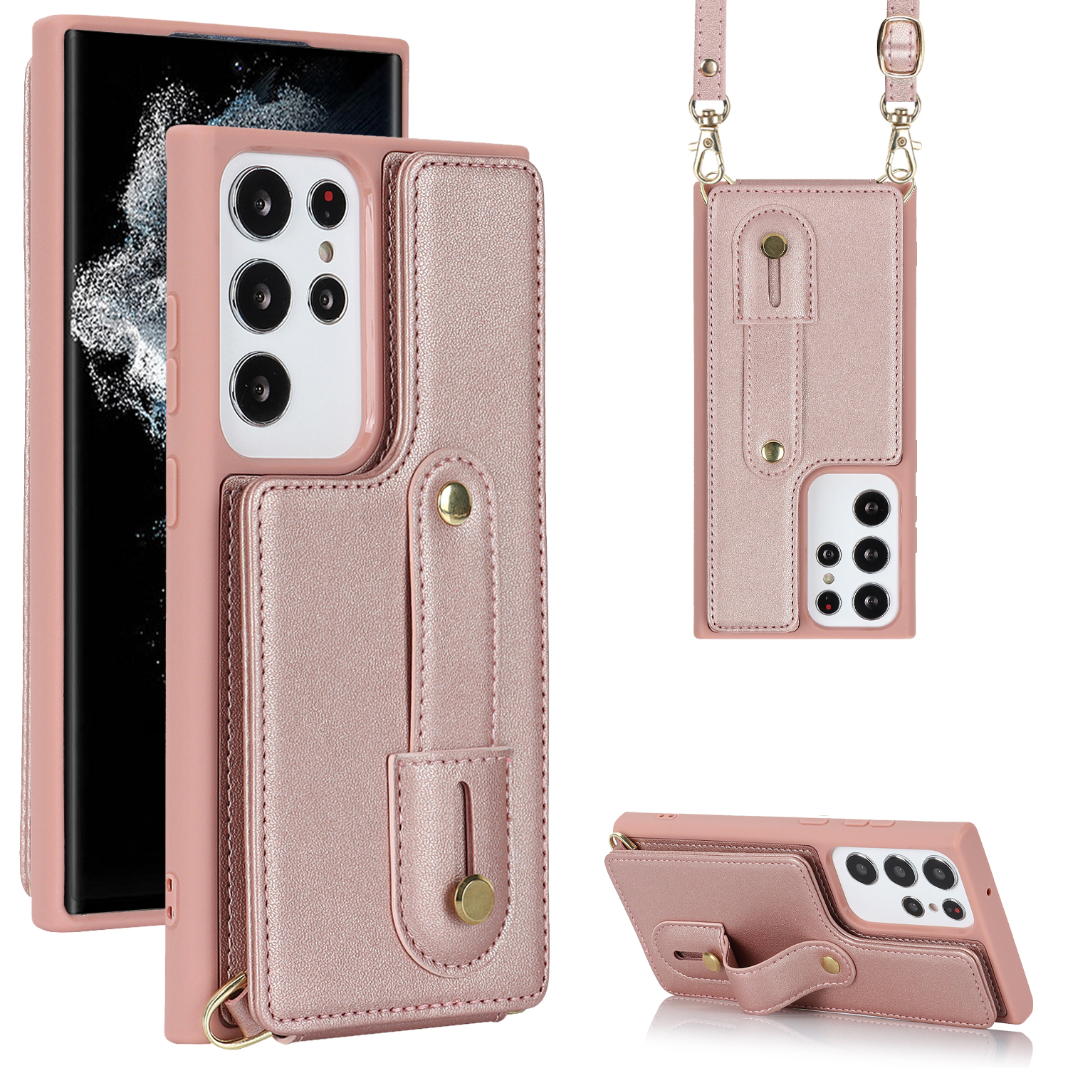 

Für Samsung Galaxy S23 Ultra -armband Kickstand -telefonhülle PU Leder+tpu -karten -slots Cover - Roségold, Galaxy S23 Ultra