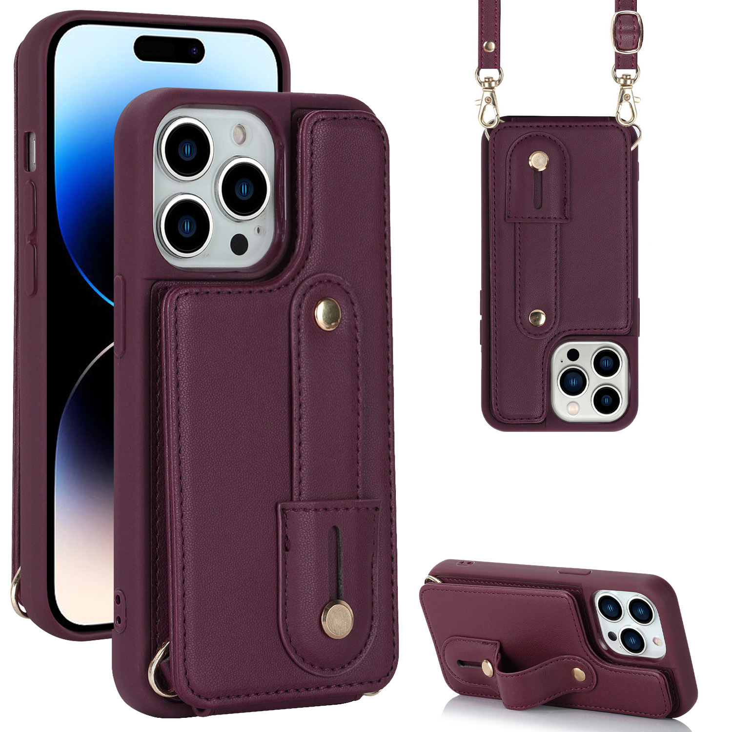 

Für Das Iphone 14 Pro -armband -armband -bracelet Phone Hülle PU -lederschicht TPU -kartenschlitzabdeckung - Weinrot, iPhone 14 Pro