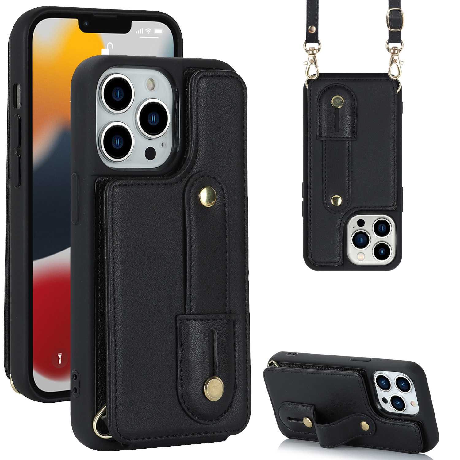 

Armband Kickstand Hülle Für Iphone 12 Pro Max, Kartenplätze PU Leder+tpu -telefonabdeckung - Schwarz, iPhone 12 Pro Max