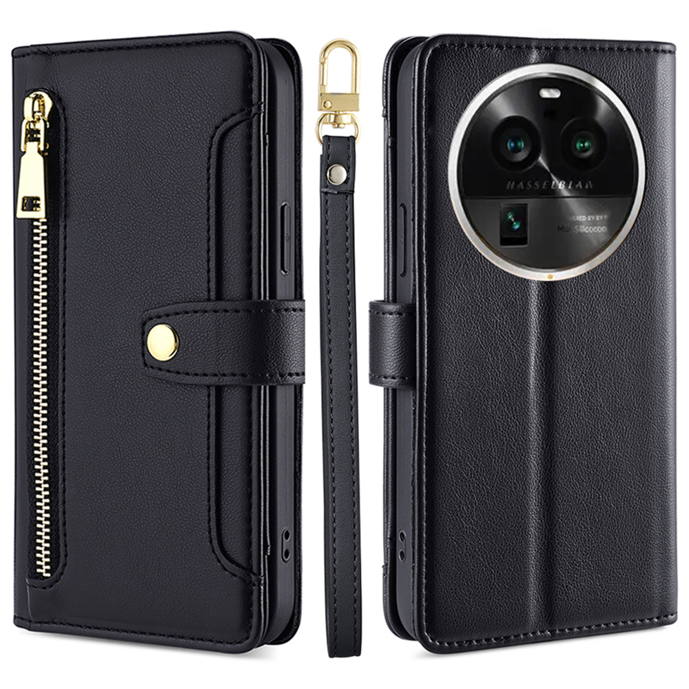 

Für Oppo Finden Sie X6 Pro Drop-proof-telefonständer Hülle Reißverschluss in Tasche Leder Brieftasche Mit 2 Gurten - Schwarz, Oppo Find X6 Pro