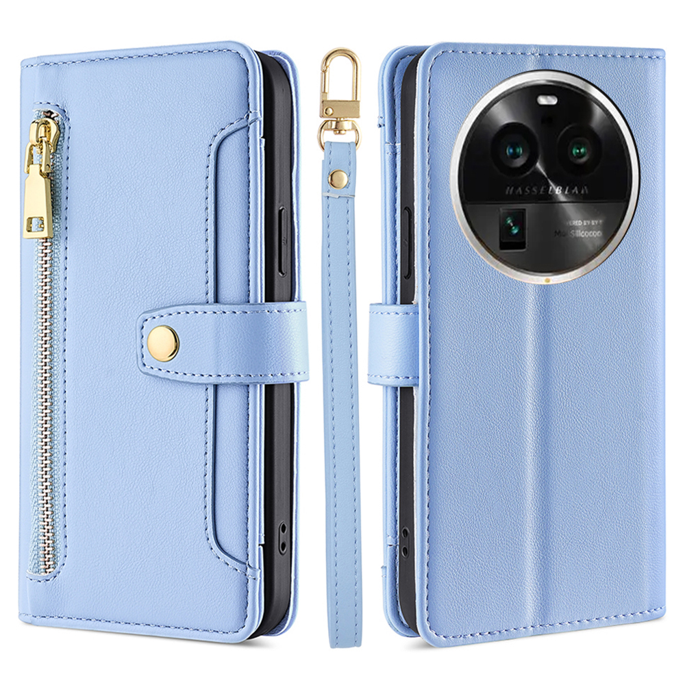 

Für Oppo Finden Sie X6 Pro Drop-proof-telefonständer Hülle Reißverschluss in Tasche Leder Brieftasche Mit 2 Gurten - Blau, Oppo Find X6 Pro