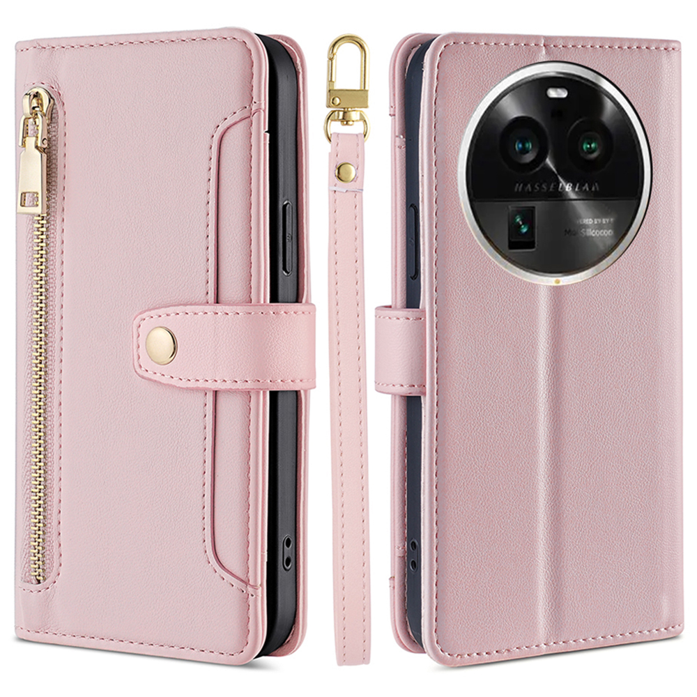 

Für Oppo Finden Sie X6 Pro Drop-proof-telefonständer Hülle Reißverschluss in Tasche Leder Brieftasche Mit 2 Gurten - Rosa, Oppo Find X6 Pro