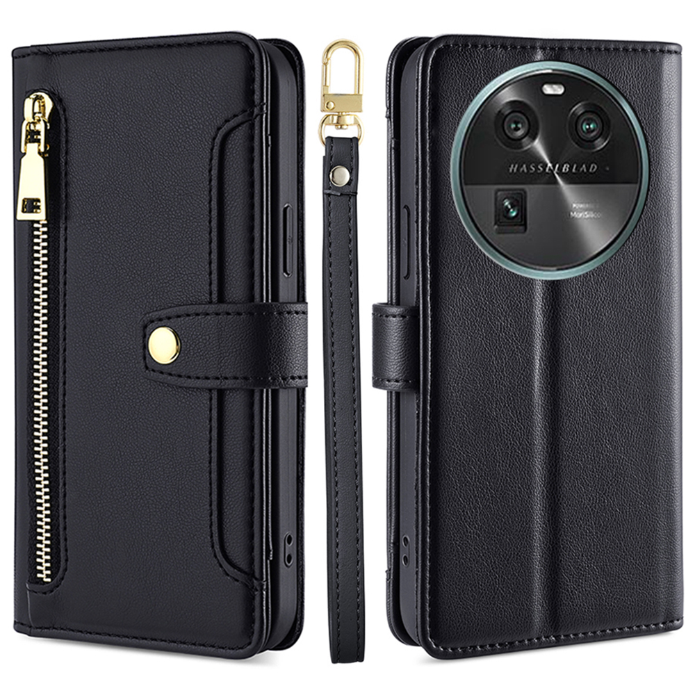 

Standkoffer Für Oppo Finden Sie X6 Drop-sof-reißverschluss-taschen-leder-brieftaschen-telefonabdeckung Mit 2 Gurten - Schwarz, Oppo Find X6