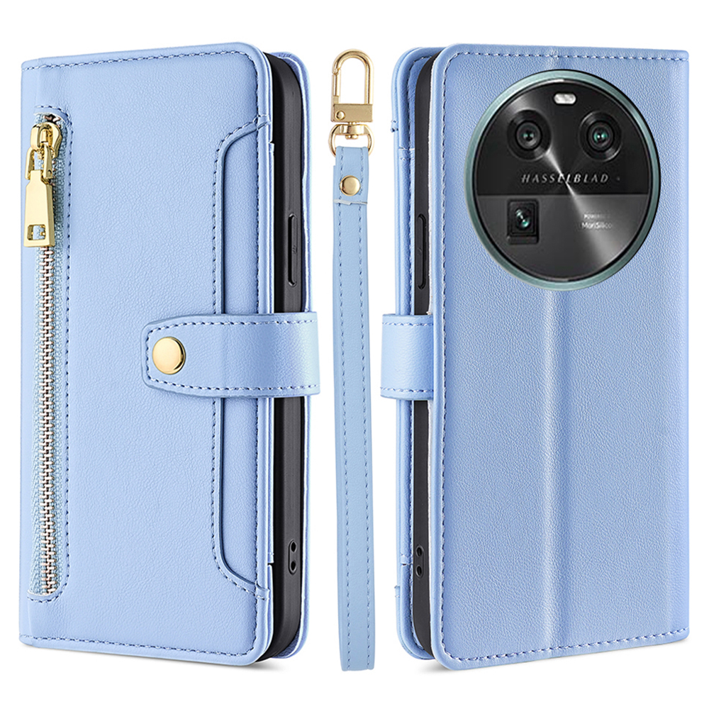 

Standkoffer Für Oppo Finden Sie X6 Drop-sof-reißverschluss-taschen-leder-brieftaschen-telefonabdeckung Mit 2 Gurten - Blau, Oppo Find X6