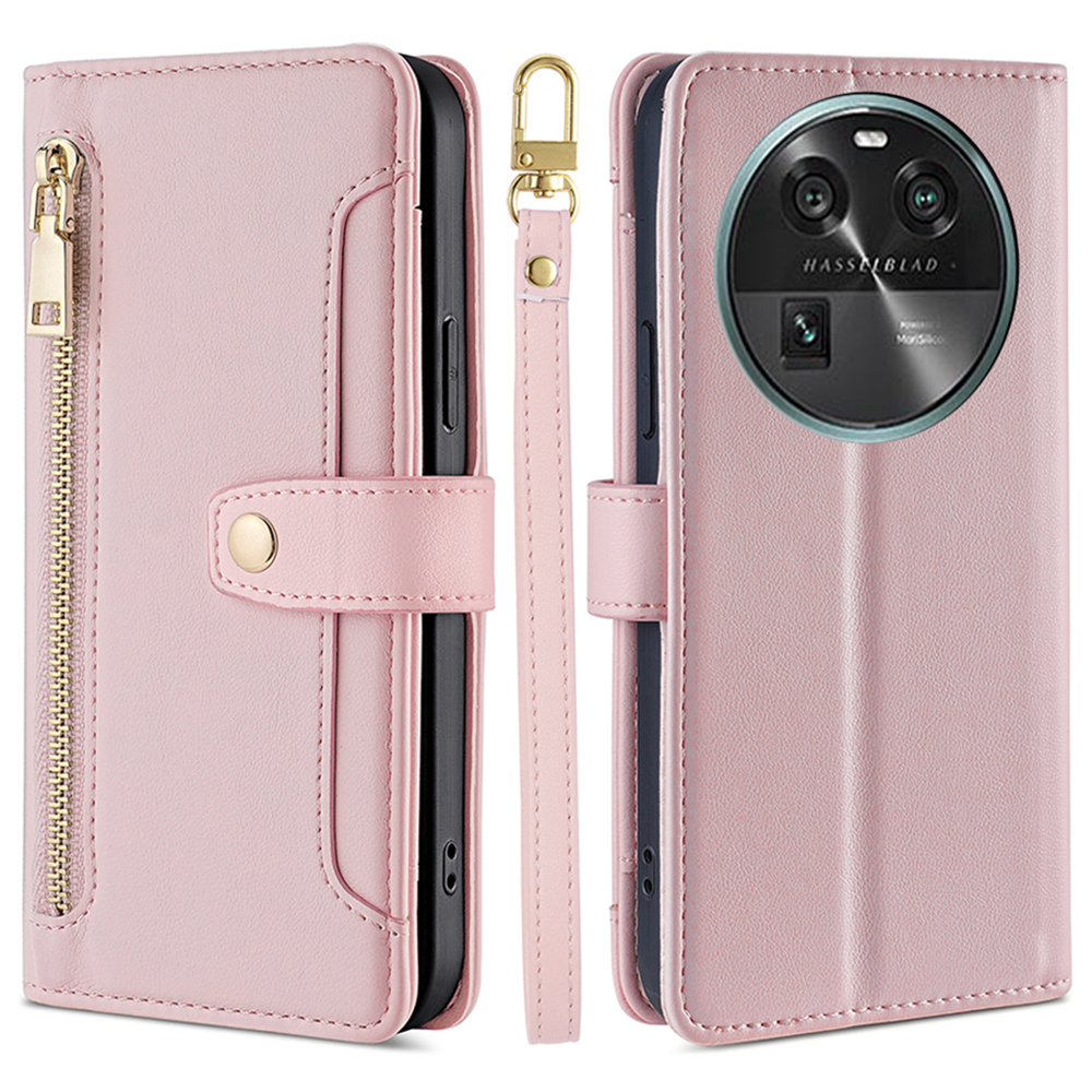 

Standkoffer Für Oppo Finden Sie X6 Drop-sof-reißverschluss-taschen-leder-brieftaschen-telefonabdeckung Mit 2 Gurten - Rosa, Oppo Find X6