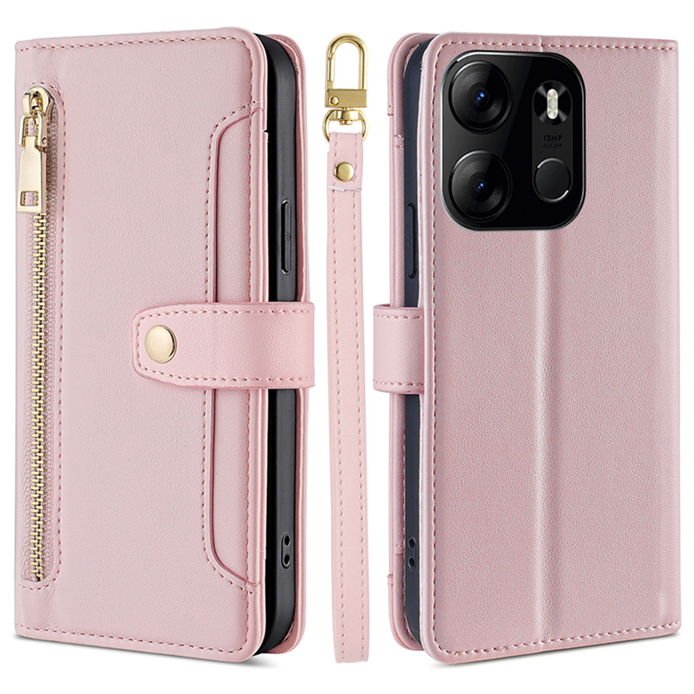 

Für Tecno Spark Go 2023 4G Anti-fall-telefonständer Hülle Reißverschluss Taschen-leder-brieftasche Mit 2 Gurten - Rosa, Tecno Spark Go 2023 4G