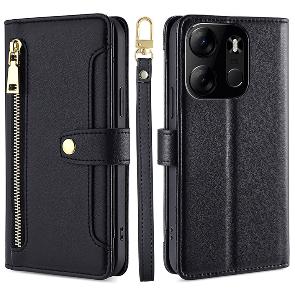 

Für Tecno Spark Go 2023 4G Anti-fall-telefonständer Hülle Reißverschluss Taschen-leder-brieftasche Mit 2 Gurten - Schwarz, Tecno Spark Go 2023 4G