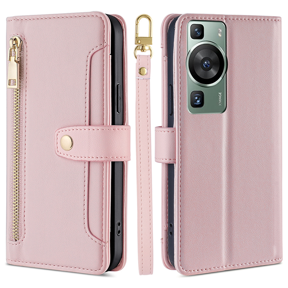

Brieftaschenabdeckung Für Huawei P60 / P60 Pro Reißverschluss Pocket Anti-scratch Leder-telefonständer Mit 2 Trägern - Rosa, Huawei P60