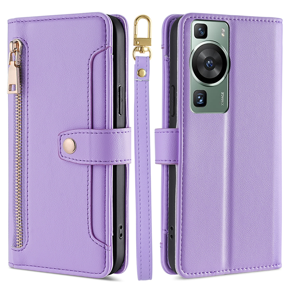

Brieftaschenabdeckung Für Huawei P60 / P60 Pro Reißverschluss Pocket Anti-scratch Leder-telefonständer Mit 2 Trägern - Lila, Huawei P60