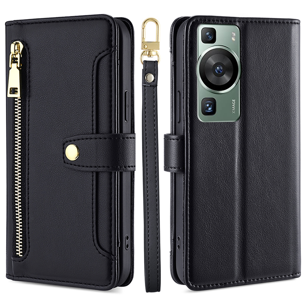 

Brieftaschenabdeckung Für Huawei P60 / P60 Pro Reißverschluss Pocket Anti-scratch Leder-telefonständer Mit 2 Trägern - Schwarz, Huawei P60
