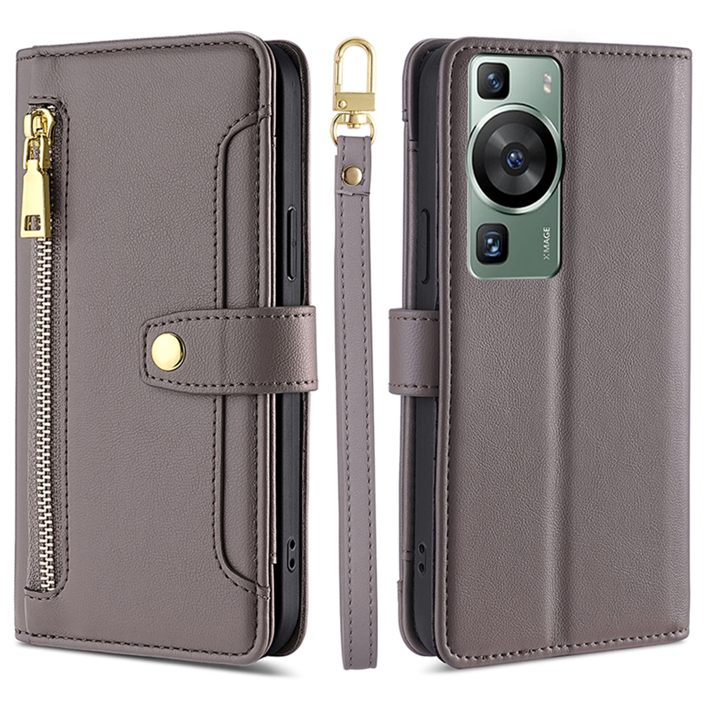 

Brieftaschenabdeckung Für Huawei P60 / P60 Pro Reißverschluss Pocket Anti-scratch Leder-telefonständer Mit 2 Trägern - Grau, Huawei P60