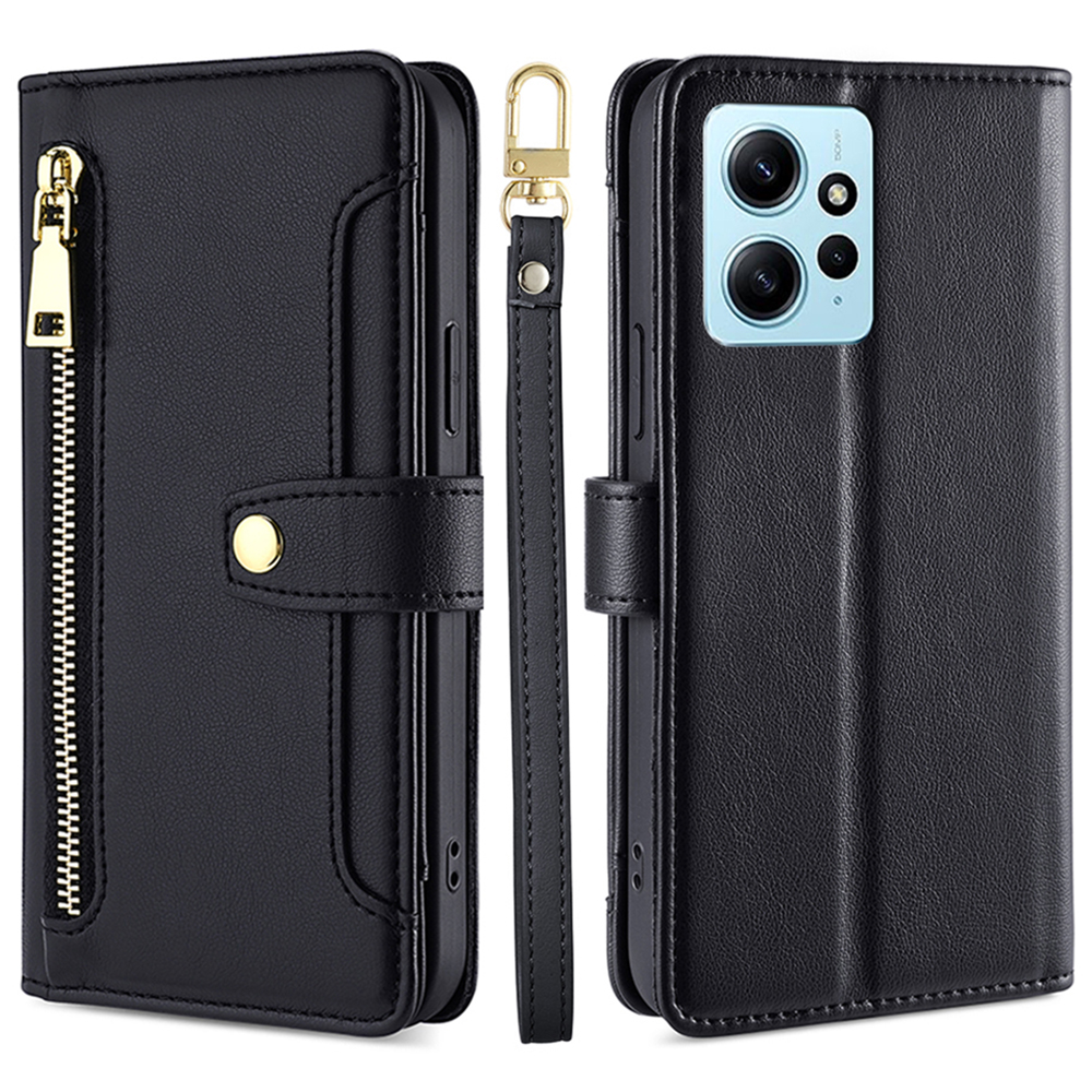 

Leder-telefonabdeckung Für Xiaomi Redmi Note 12 4G Reißverschlusspocket Anti-kratzer-standhülle Mit 2 Trägern - Schwarz, Xiaomi Redmi Note 12 4G