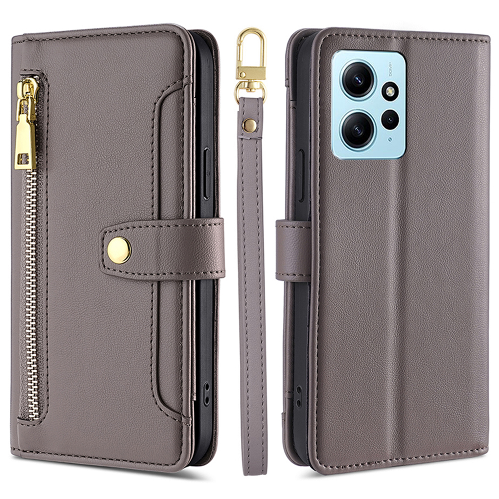 

Leder-telefonabdeckung Für Xiaomi Redmi Note 12 4G Reißverschlusspocket Anti-kratzer-standhülle Mit 2 Trägern - Grau, Xiaomi Redmi Note 12 4G