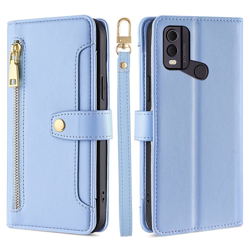 

Drop-proof-abdeckung Für Nokia C22 Stand Wallet Leder-telefonhülle Mit Reißverschluss in Tasche Und 2 Trägern - Blau, Nokia C22