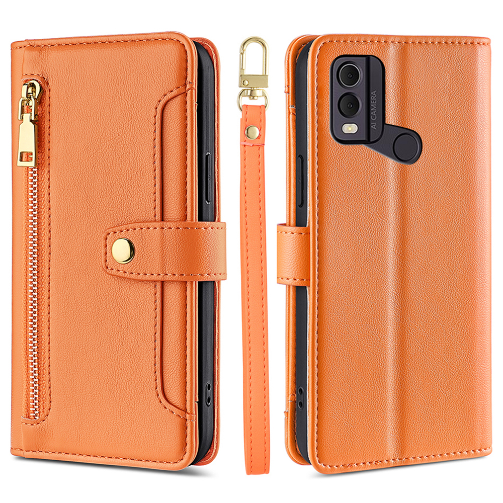 

Drop-proof-abdeckung Für Nokia C22 Stand Wallet Leder-telefonhülle Mit Reißverschluss in Tasche Und 2 Trägern - Orange, Nokia C22