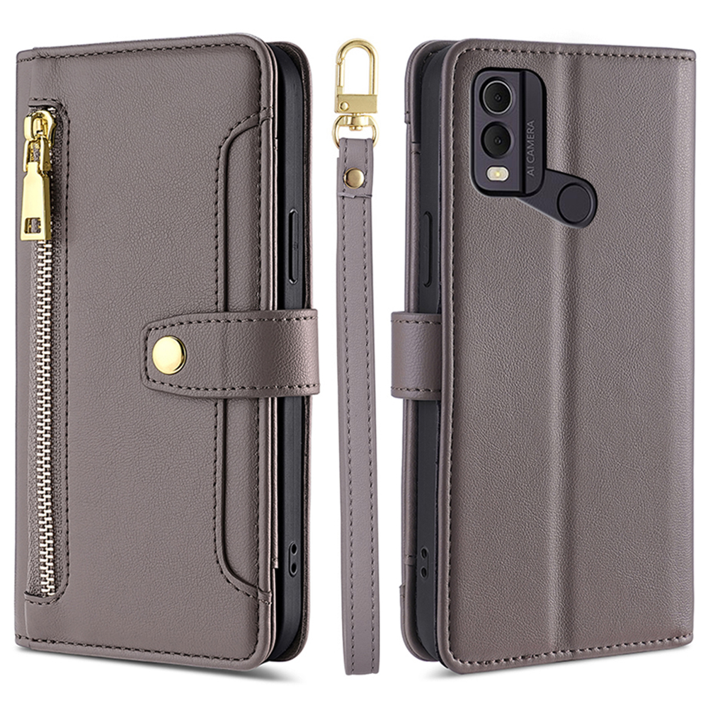 

Drop-proof-abdeckung Für Nokia C22 Stand Wallet Leder-telefonhülle Mit Reißverschluss in Tasche Und 2 Trägern - Grau, Nokia C22