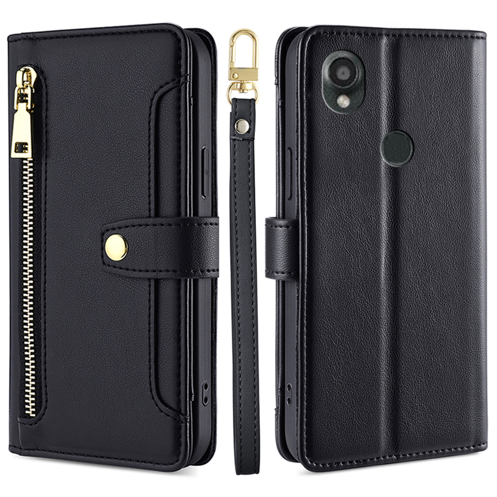 

Leder -telefonständer Cover Für Kyocera Digno SX3 KYG02 Reißverschluss -taschenbrieftasche Mit 2 Gurten - Schwarz, Kyocera Digno SX3 KYG02