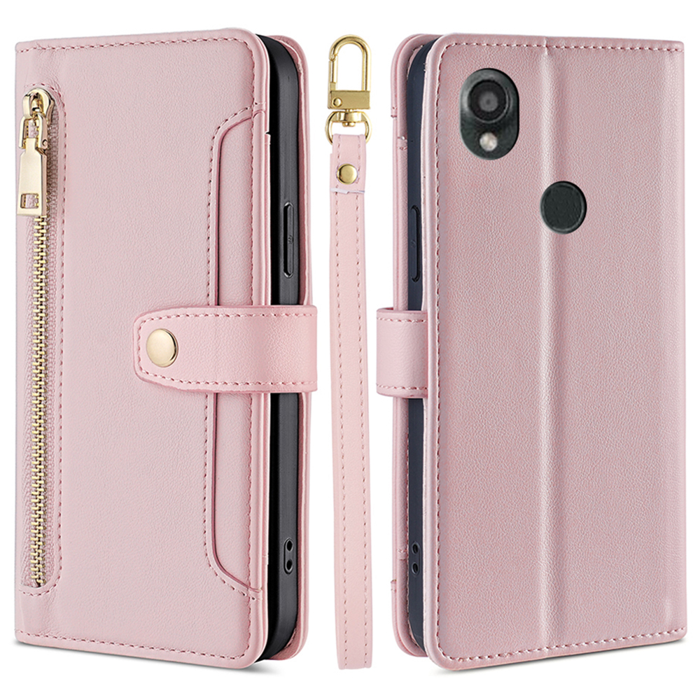 

Leder -telefonständer Cover Für Kyocera Digno SX3 KYG02 Reißverschluss -taschenbrieftasche Mit 2 Gurten - Rosa, Kyocera Digno SX3 KYG02