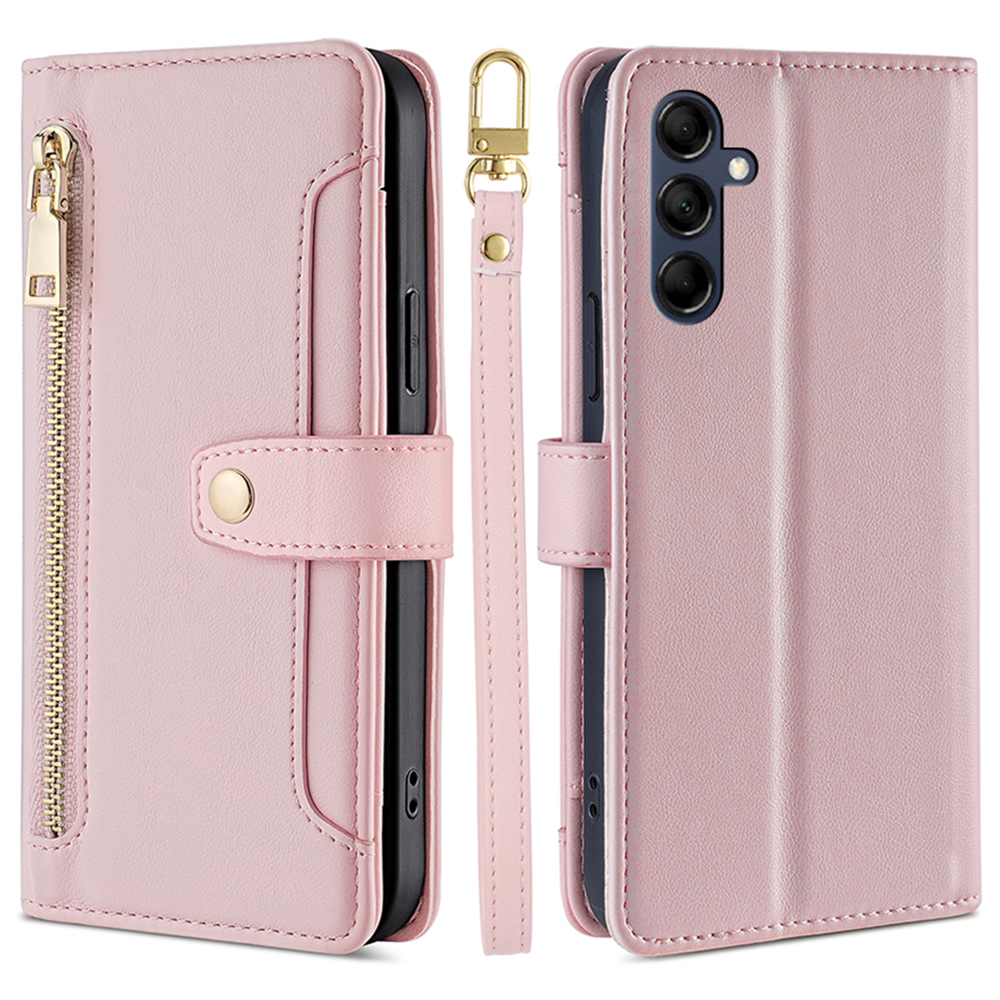 

Leder -telefonabdeckung Für Samsung Galaxy M14 5G Wallet Wallet Faltbarer Standhülle Mit Reißverschluss Intasche - Rosa, Galaxy M14 5G