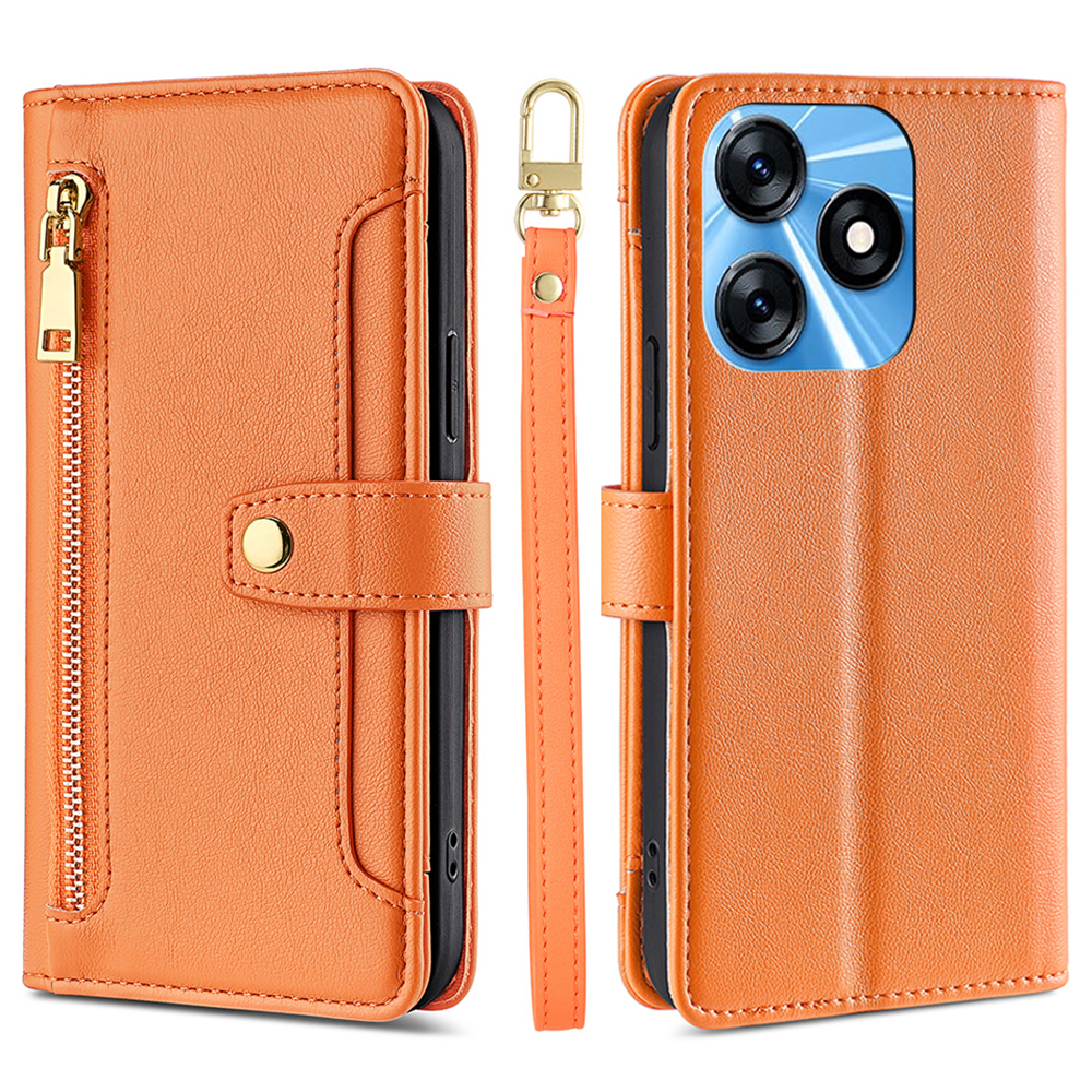 

Für Tecno Spark 10 4G Reißverschluss Pocket Phone Hülle Anti-drogen-pu-leder-brieftasche Telefonschale Mit 2 Gurten - Orange, Tecno Spark 10 4G