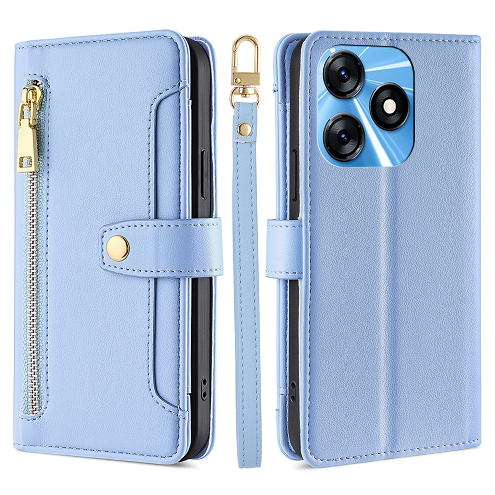

Für Tecno Spark 10 4G Reißverschluss Pocket Phone Hülle Anti-drogen-pu-leder-brieftasche Telefonschale Mit 2 Gurten - Blau, Tecno Spark 10 4G