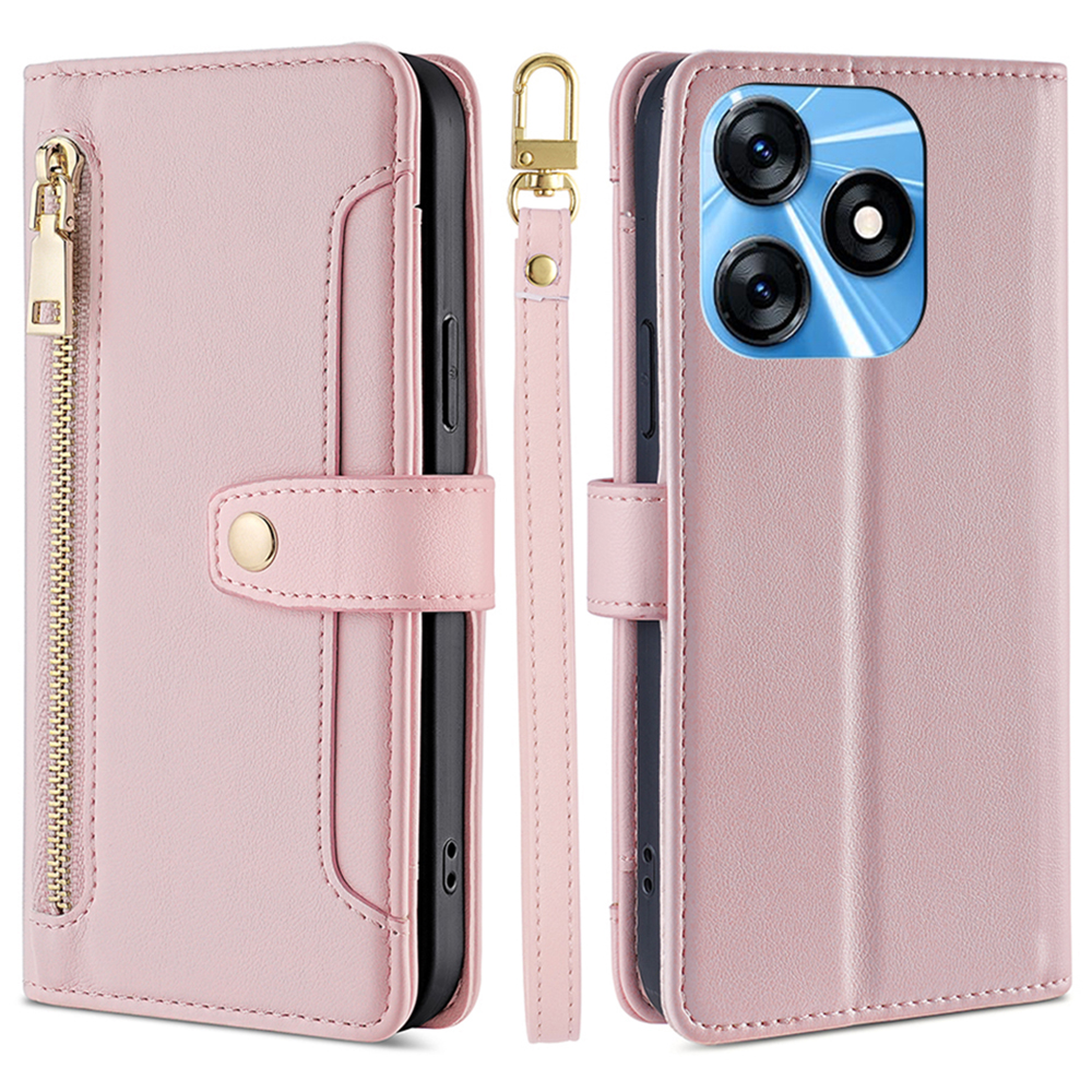 

Für Tecno Spark 10 4G Reißverschluss Pocket Phone Hülle Anti-drogen-pu-leder-brieftasche Telefonschale Mit 2 Gurten - Rosa, Tecno Spark 10 4G