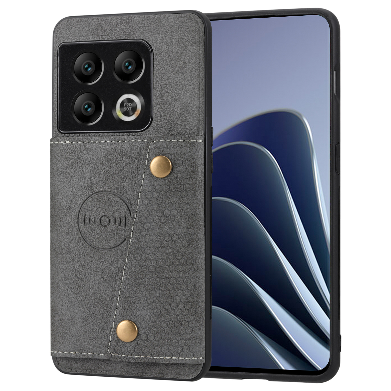 

Kickstand-telefonhülle Für OnePlus 10 Pro 5g-kartenhalter PU Lederbeschichtete Tpu-hülle Eingebaute Auto-mount-metallblatt - Grau, OnePlus 10 Pro 5G
