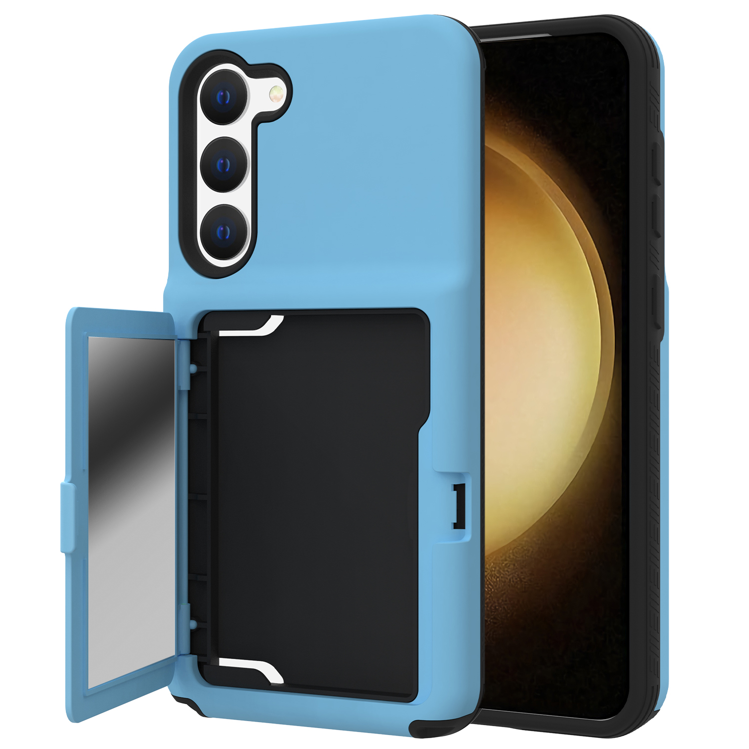 

Für Samsung Galaxy S23 Cardcase Series -kartenhalter Dicke Telefonhülle Kickstand Mirror Funktion PC + TPU -abdeckung - Himmelblau, Galaxy S23