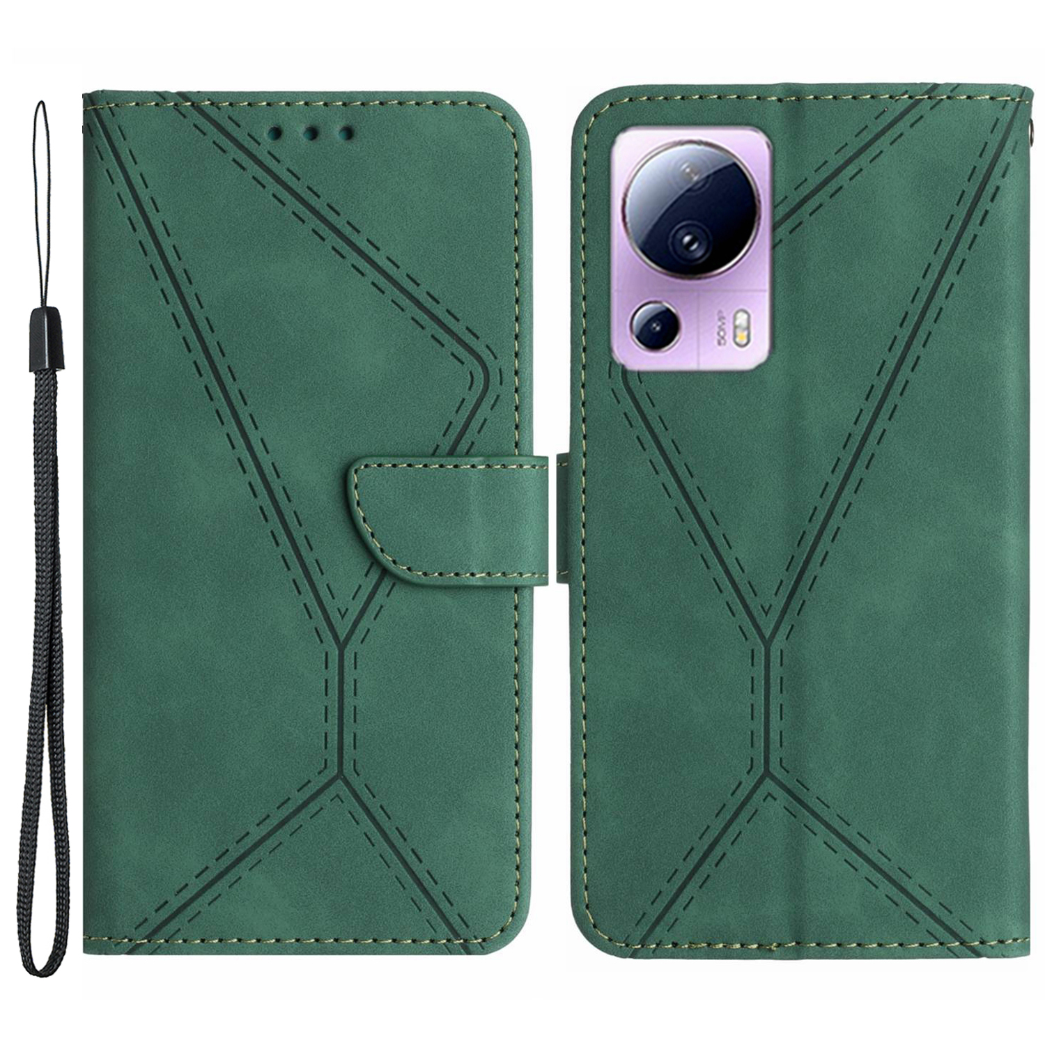 

HT05 -telefonkoffer Für Xiaomi 13 Lite / Civi 2 5g Leder Flip Cover Haut-touch-brieftasche Mit Riemen - Grün, Xiaomi 13 Lite