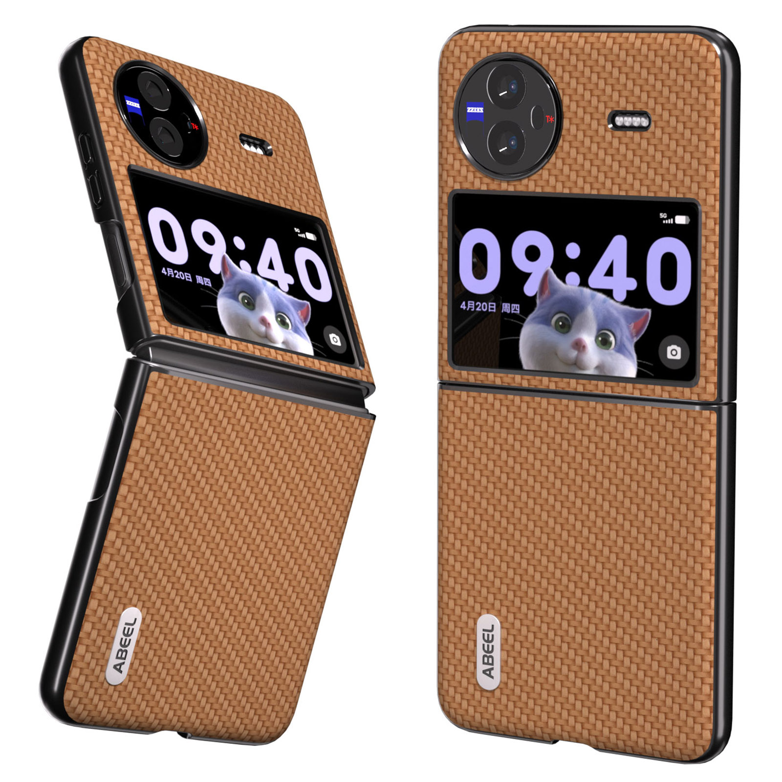 

ABEEL Für Vivo X Flip Cowhide Leder Beschichtete PC -telefonhülle Carbonfaser Textur Telefonabdeckung - Hellbraun, vivo X Flip
