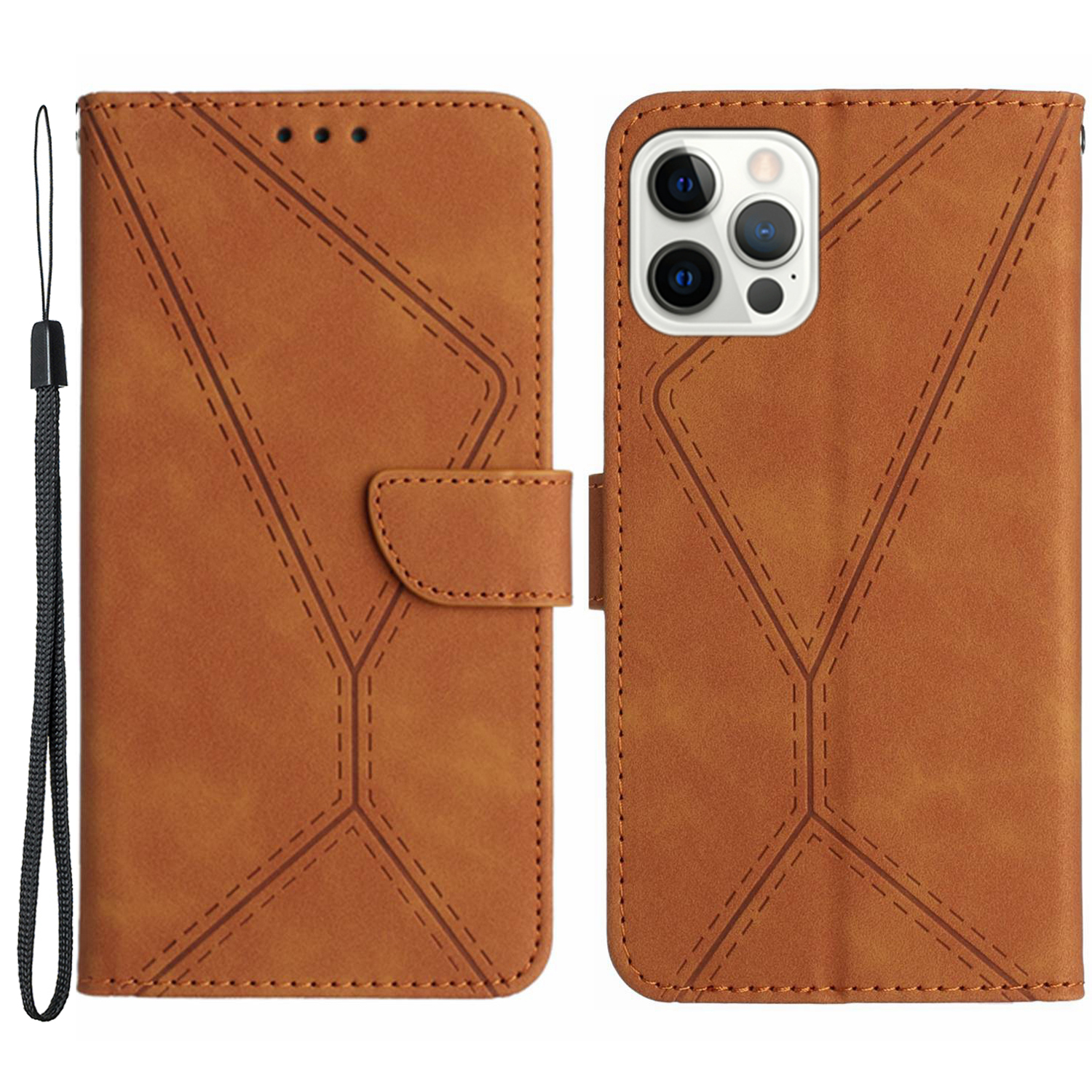 

HT05 Brieftaschenabdeckung Für Iphone 12 / 12 Pro 6,1-zoll-haut-touch Vollgewickelte Telefonhülle Pu-leder Mit Riemen - Braun, iPhone 12