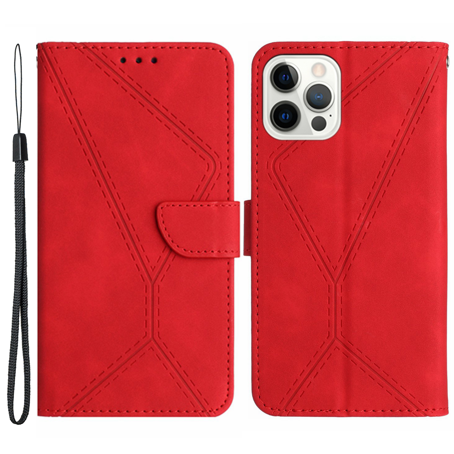 

HT05 Brieftaschenabdeckung Für Iphone 12 / 12 Pro 6,1-zoll-haut-touch Vollgewickelte Telefonhülle Pu-leder Mit Riemen - Rot, iPhone 12