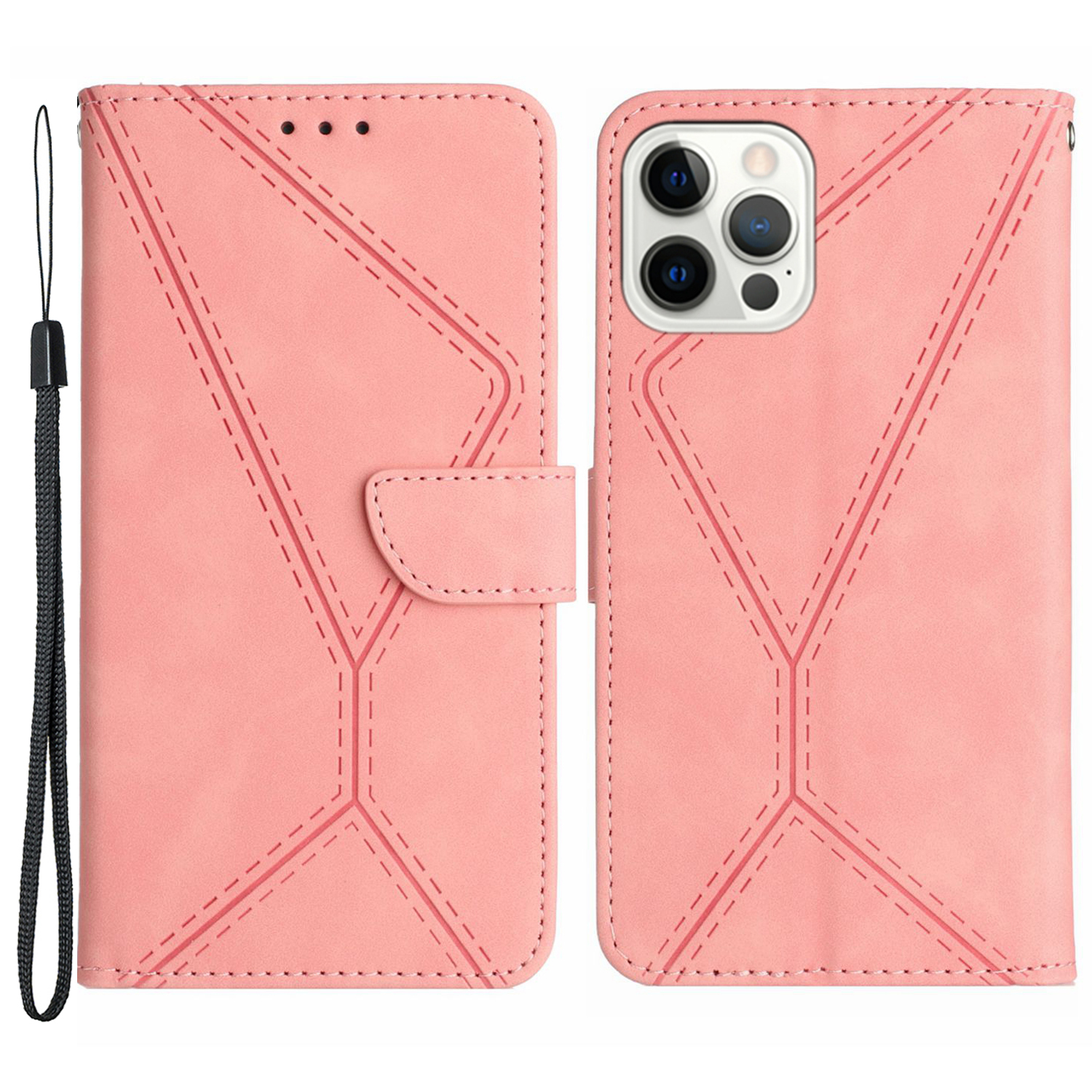 

HT05 Brieftaschenabdeckung Für Iphone 12 / 12 Pro 6,1-zoll-haut-touch Vollgewickelte Telefonhülle Pu-leder Mit Riemen - Rosa, iPhone 12