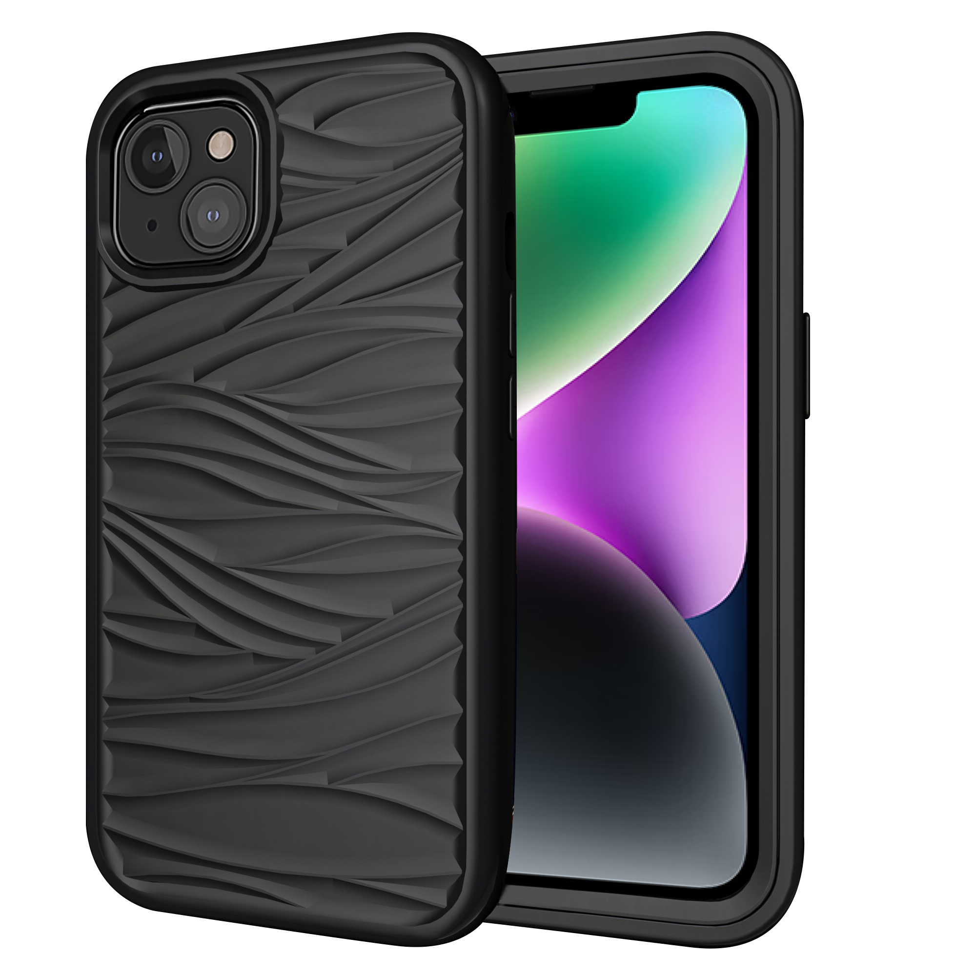 

Telefonhülle Für Iphone 14 Abnehmbar 2-in-1-pc+silikonschalen-anti-schlupf-wellen-textur Drop-proof-abdeckung - Schwarz, iPhone 14