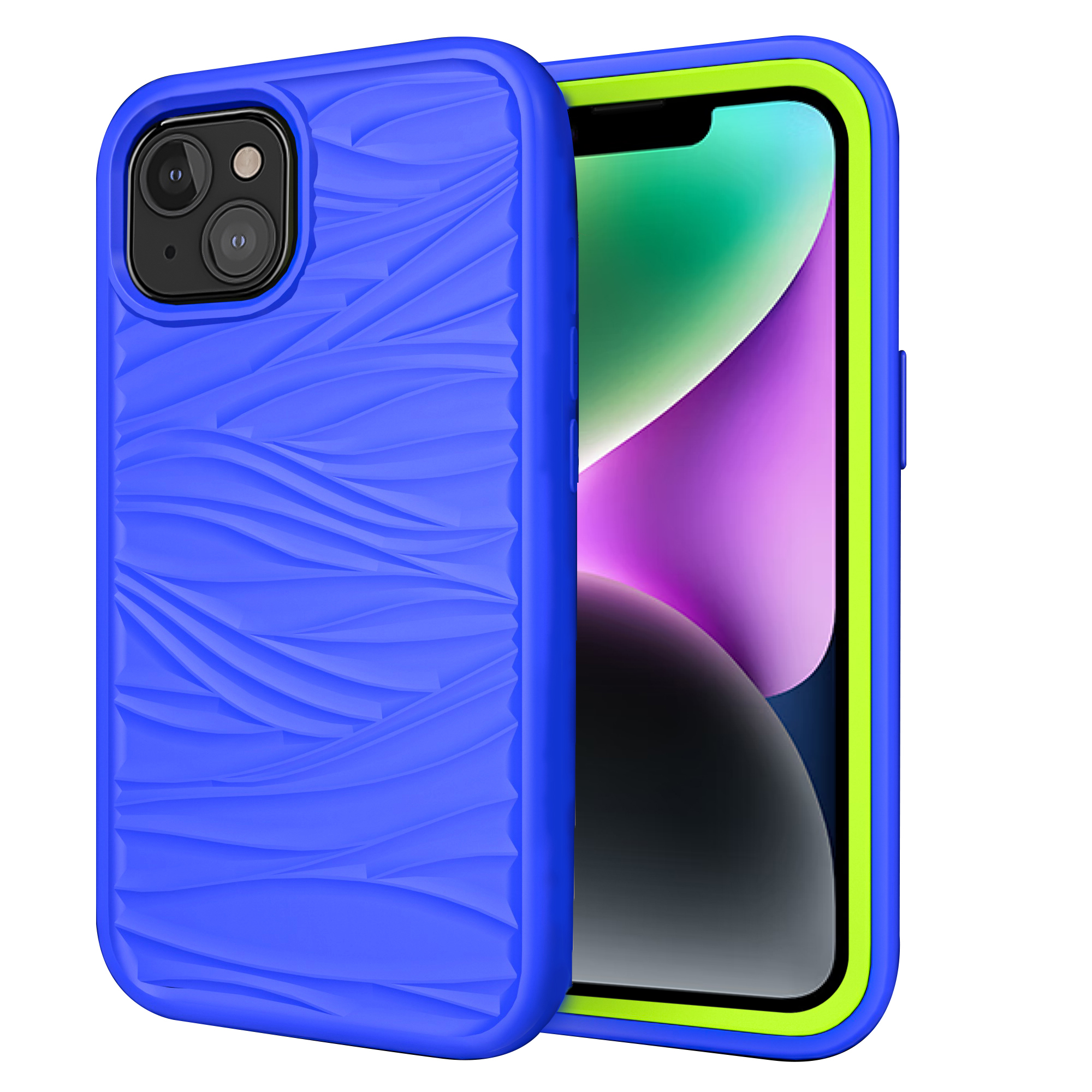 

Telefonhülle Für Iphone 14 Abnehmbar 2-in-1-pc+silikonschalen-anti-schlupf-wellen-textur Drop-proof-abdeckung - Blau / Gelbgrün, iPhone 14