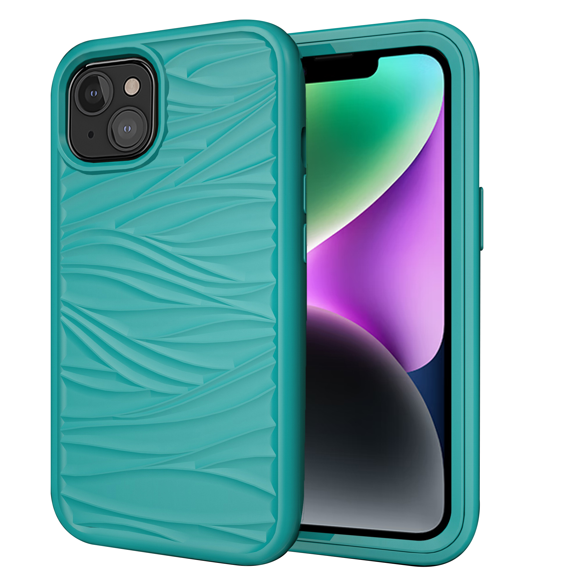 

Telefonhülle Für Iphone 14 Abnehmbar 2-in-1-pc+silikonschalen-anti-schlupf-wellen-textur Drop-proof-abdeckung - Grün, iPhone 14