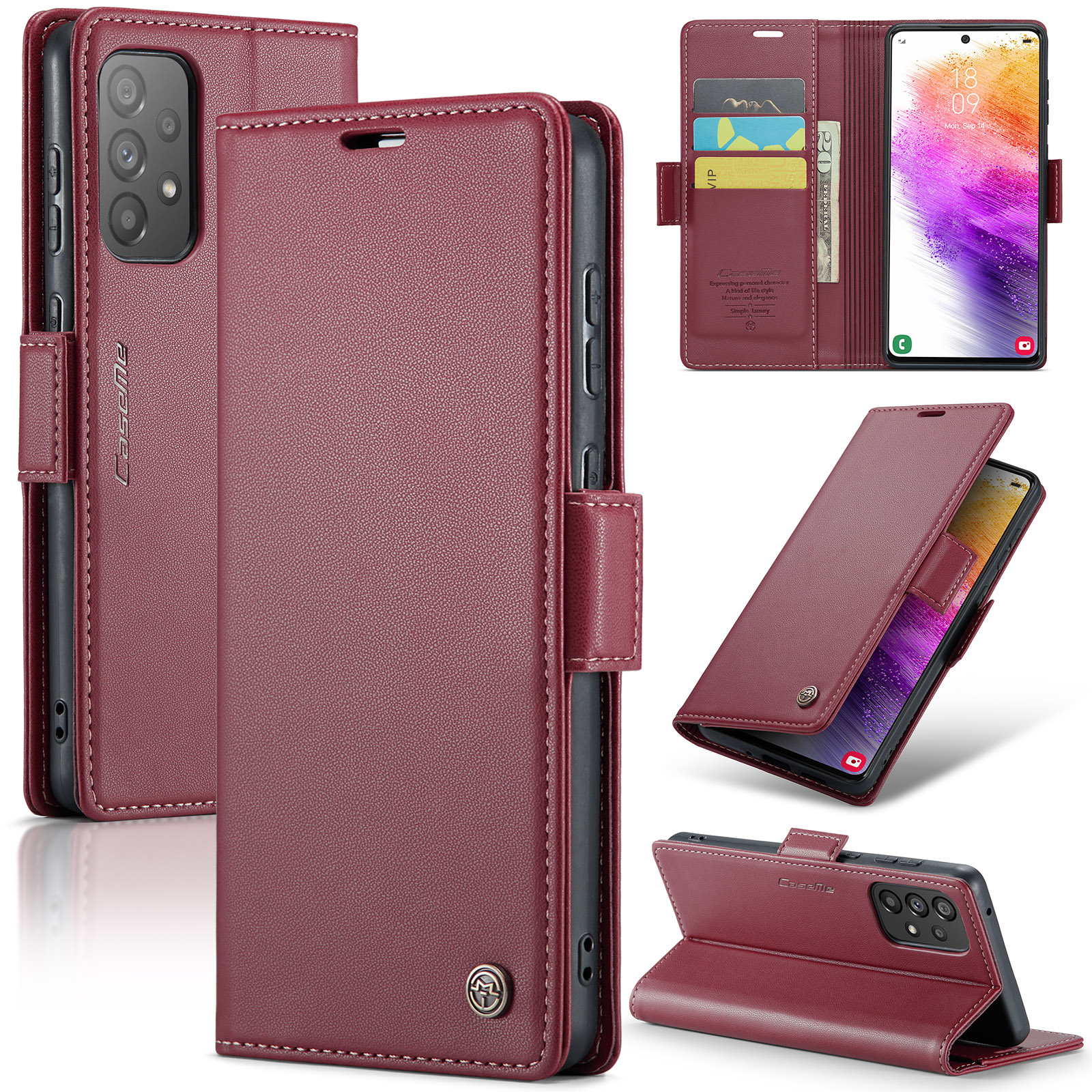 

Caseme 023 Serie Telefonledertasche Für Samsung Galaxy A73 5g, RFID -blockierungs -brieftaschenständer Telefonabdeckung - Rot, Samsung Galaxy A73 5G