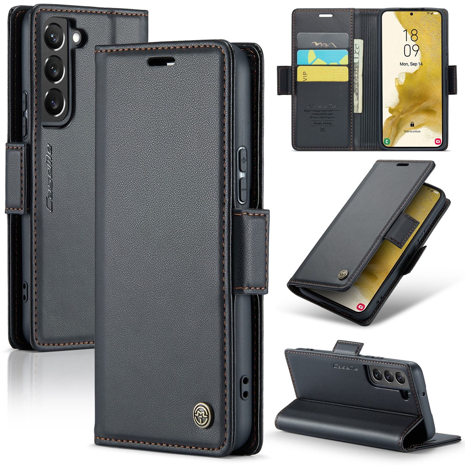 

Caseme 023 -serie Für Samsung Galaxy S22+ 5G RFID Blockierende PU -leder -hülle Wallet Stand Telefonabdeckung - Schwarz, Galaxy S22+ 5G