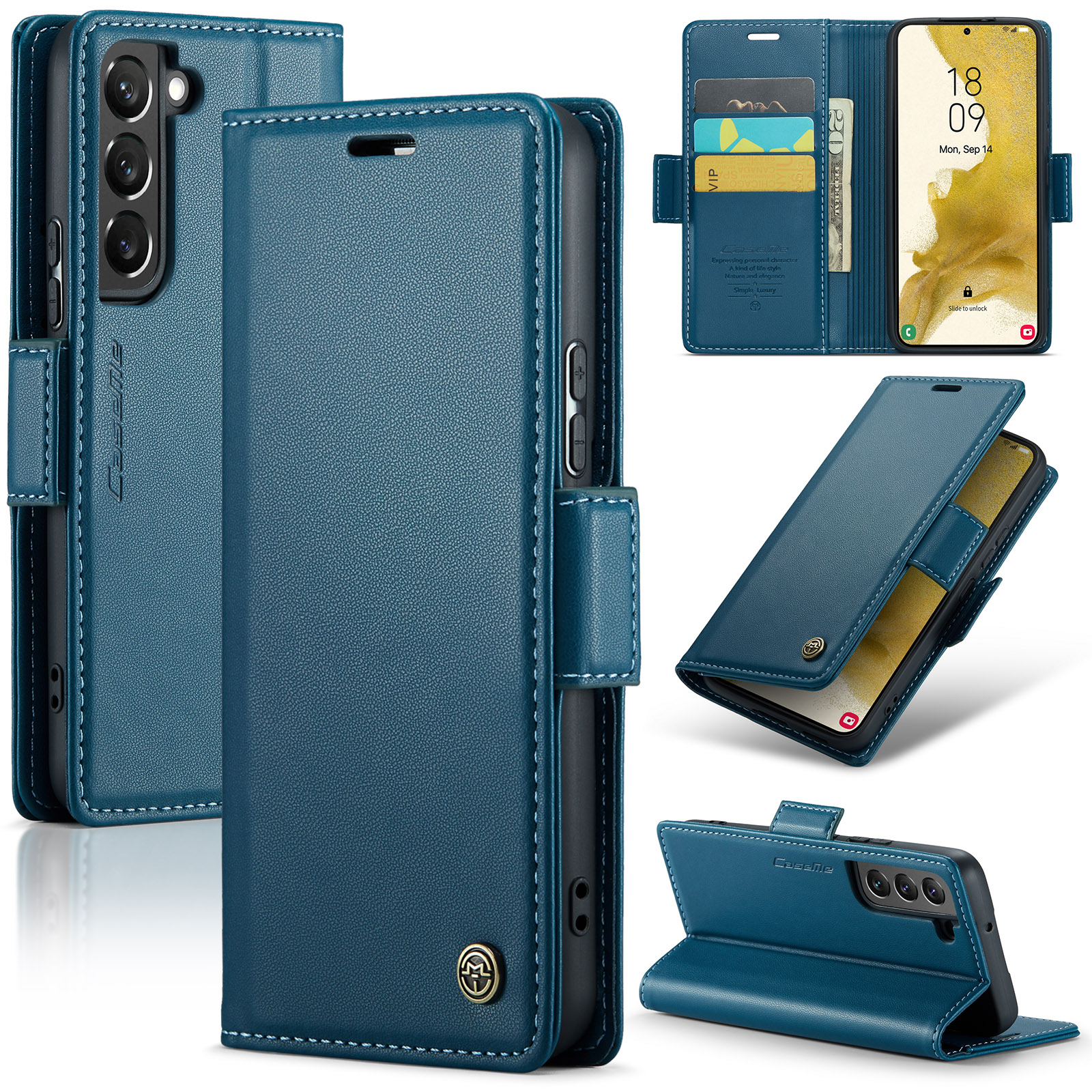 

Caseme 023 -serie Für Samsung Galaxy S22+ 5G RFID Blockierende PU -leder -hülle Wallet Stand Telefonabdeckung - Blau, Galaxy S22+ 5G