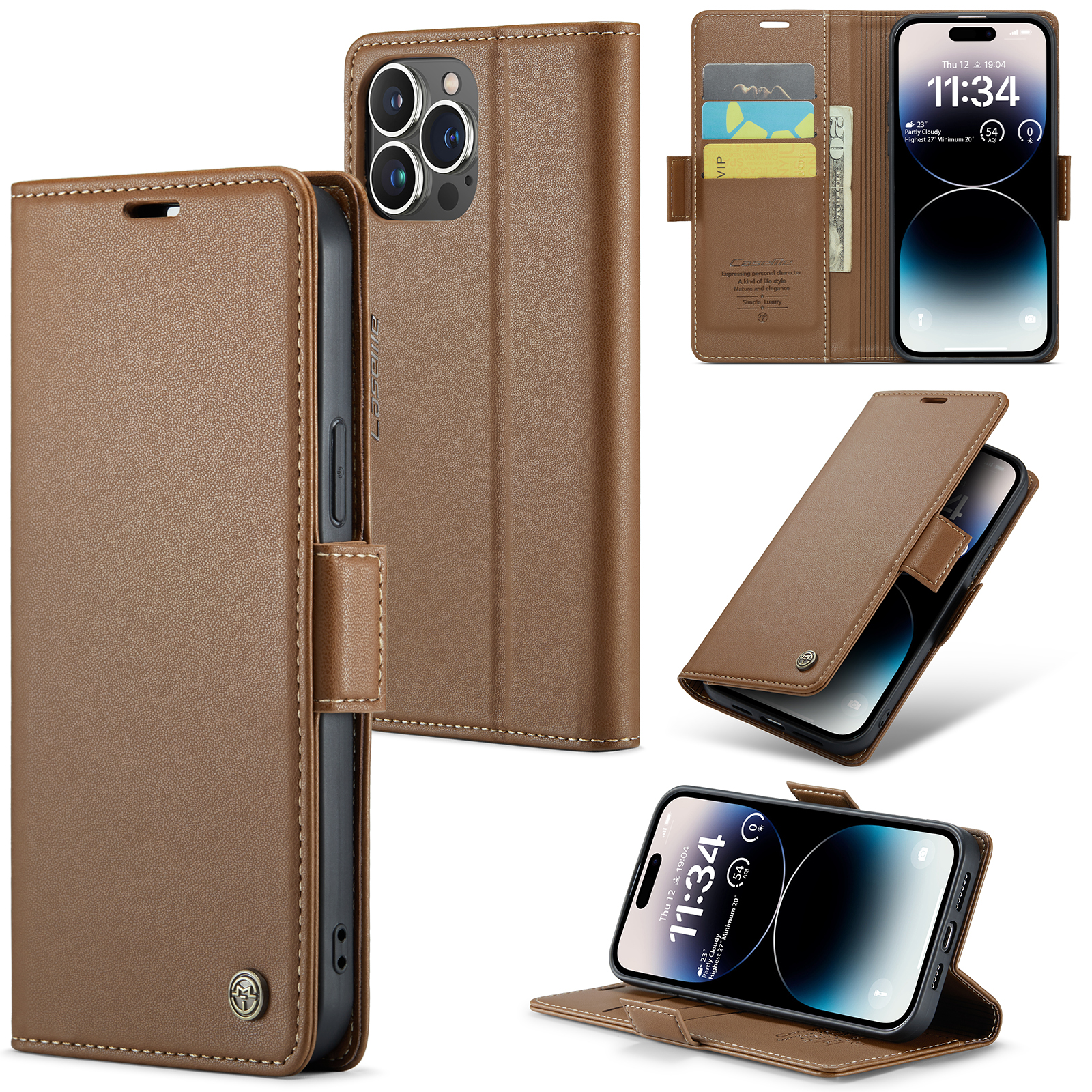 

Caseme 023 -serie Für Iphone 14 Pro PU Leder RFID Blockierende Telefonhülle Ständer Wallet Flip Cover - Braun, iPhone 14 Pro