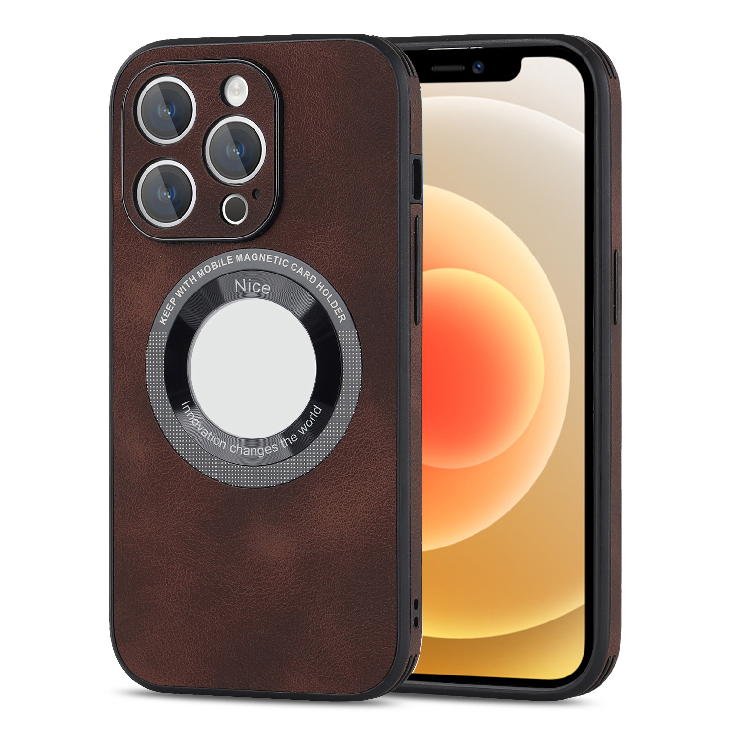 

Für Das Iphone 12 Pro Max Logo View Magnethase PU Leder+pc+tpu Hybrid -schutzhilfe - Dunkelbraun, iPhone 12 Pro Max